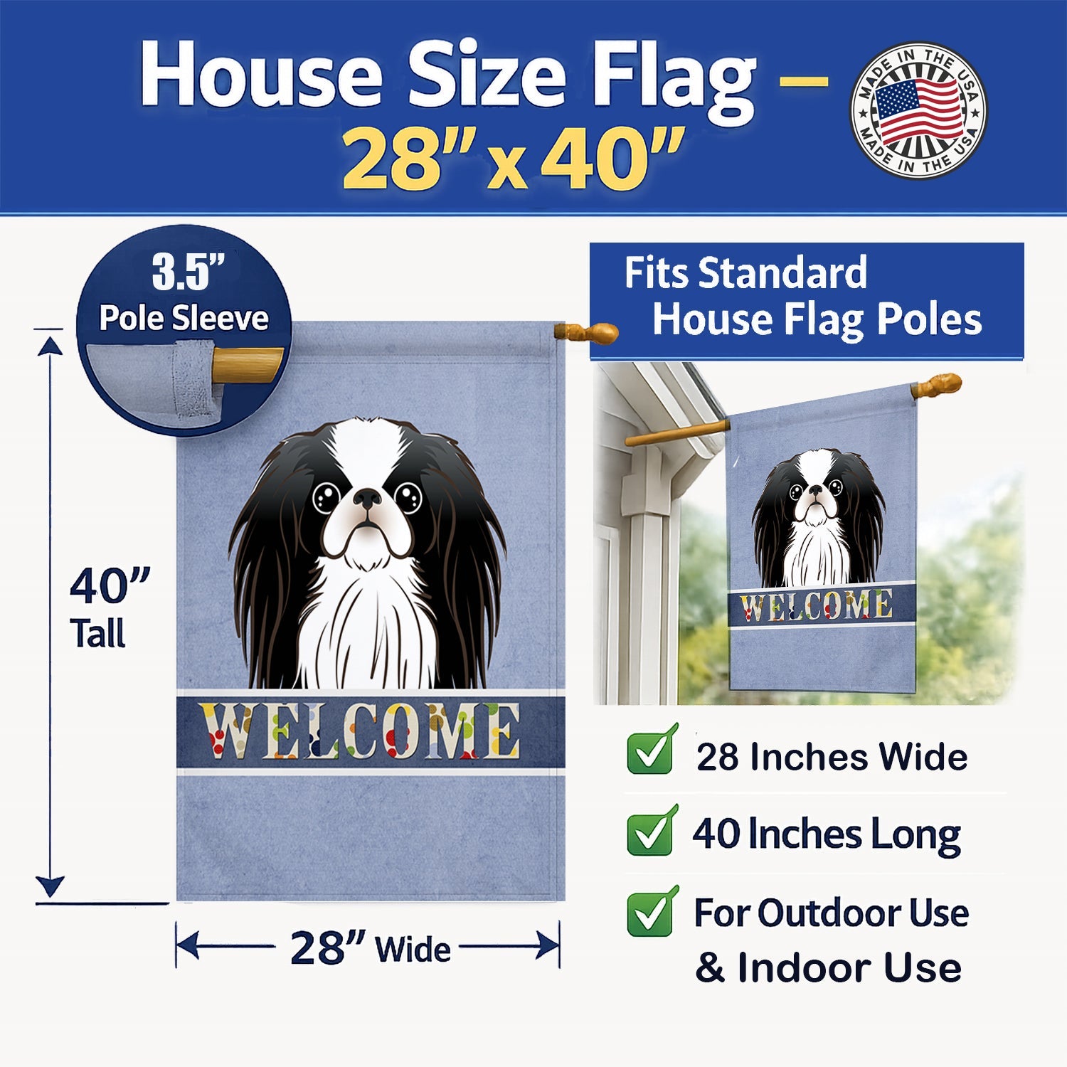 Japanese Chin Welcome House Flag 28x40 Porch Sleeve Pole Decorative Outside Yard Banner Artwork Wall Hanging, Polyester