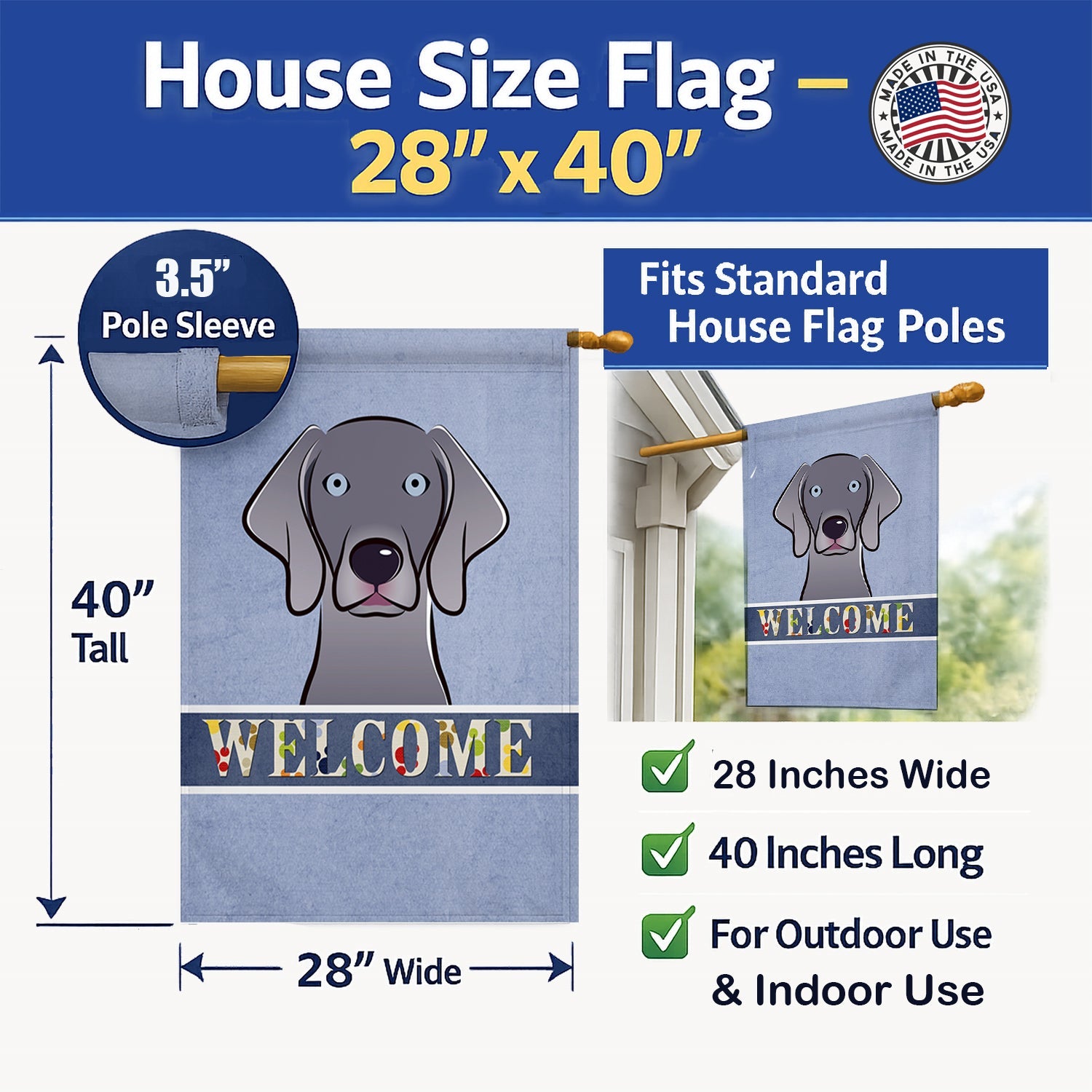 Weimaraner Welcome House Flag 28x40 Porch Sleeve Pole Decorative Outside Yard Banner Artwork Wall Hanging, Polyester