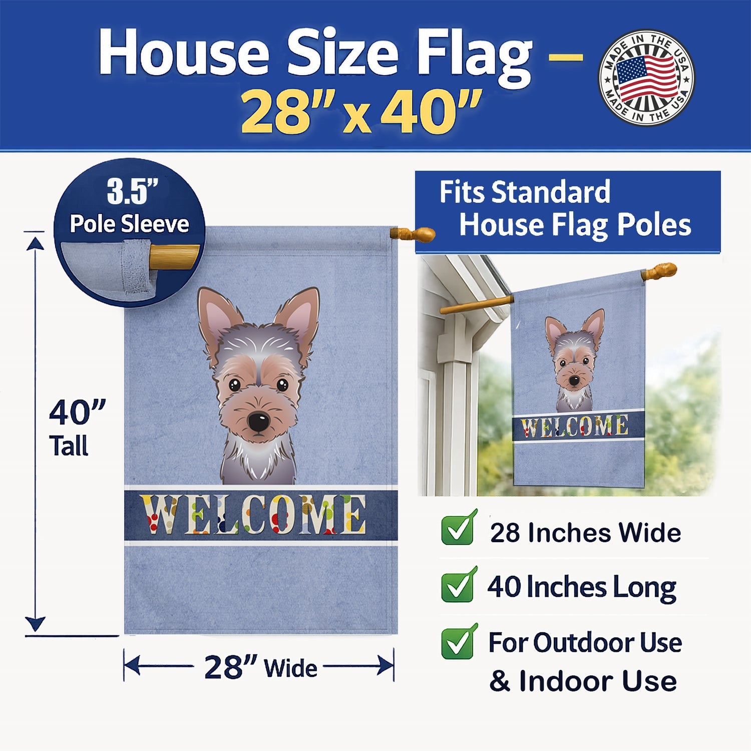 Yorkie Puppy Welcome House Flag 28x40 Porch Sleeve Pole Decorative Outside Yard Banner Artwork Wall Hanging, Polyester