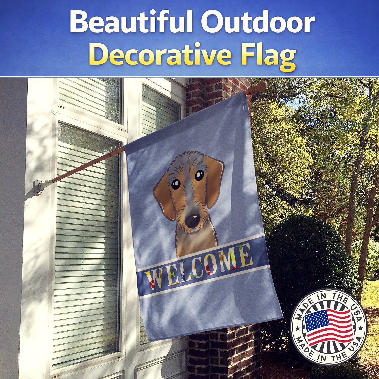 Wirehaired Dachshund Welcome House Flag 28x40 Porch Sleeve Pole Decorative Outside Yard Banner Artwork Wall Hanging, Polyester