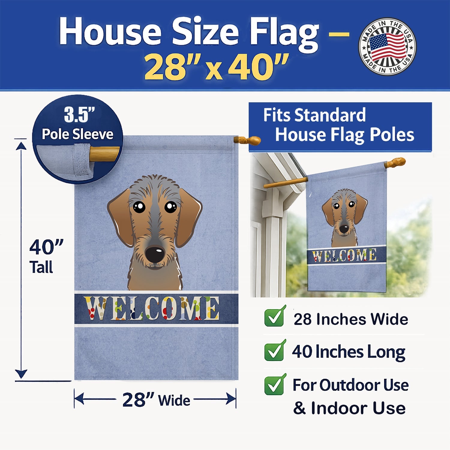 Wirehaired Dachshund Welcome House Flag 28x40 Porch Sleeve Pole Decorative Outside Yard Banner Artwork Wall Hanging, Polyester