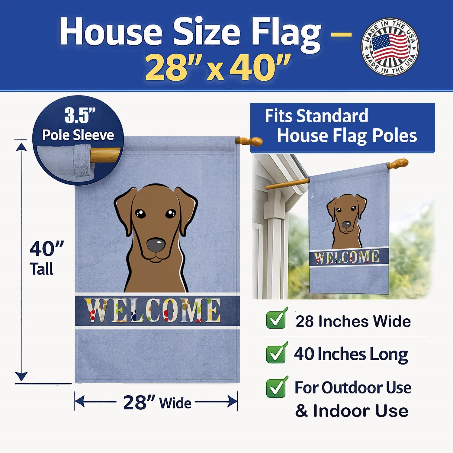 Chocolate Labrador Welcome House Flag 28x40 Porch Sleeve Pole Decorative Outside Yard Banner Artwork Wall Hanging, Polyester