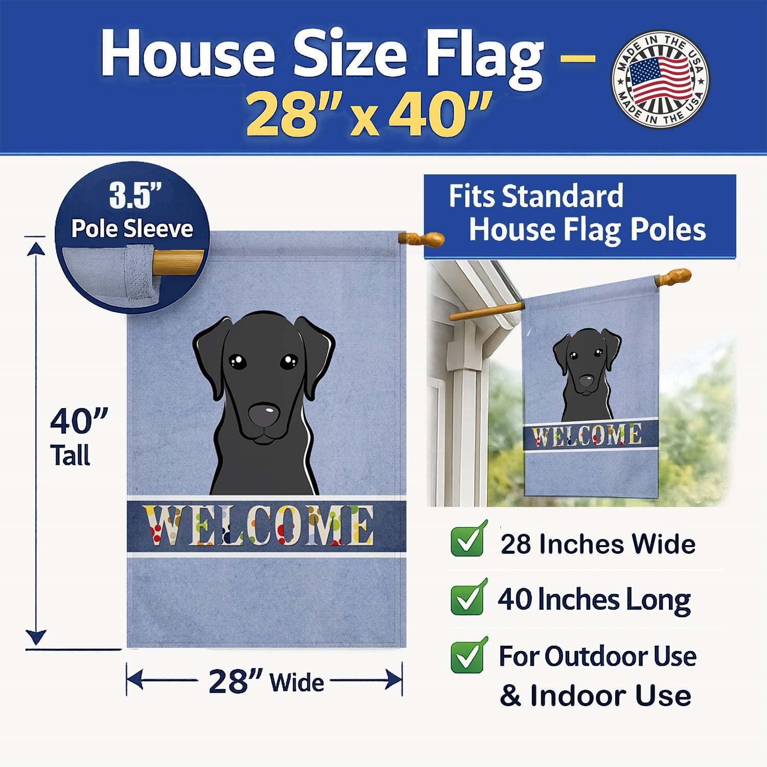Black Labrador Welcome House Flag 28x40 Porch Sleeve Pole Decorative Outside Yard Banner Artwork Wall Hanging, Polyester