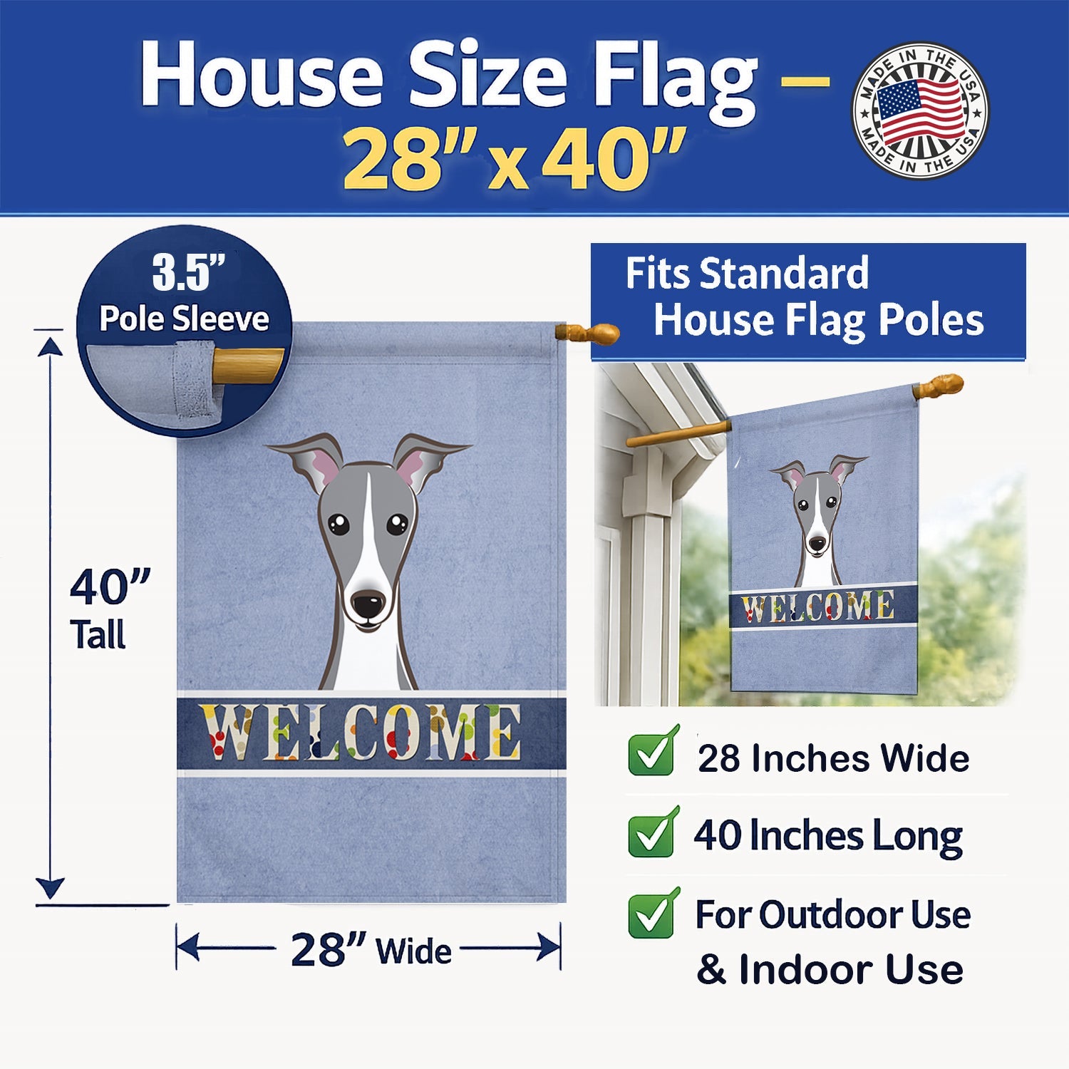 Italian Greyhound Welcome House Flag 28x40 Porch Sleeve Pole Decorative Outside Yard Banner Artwork Wall Hanging, Polyester