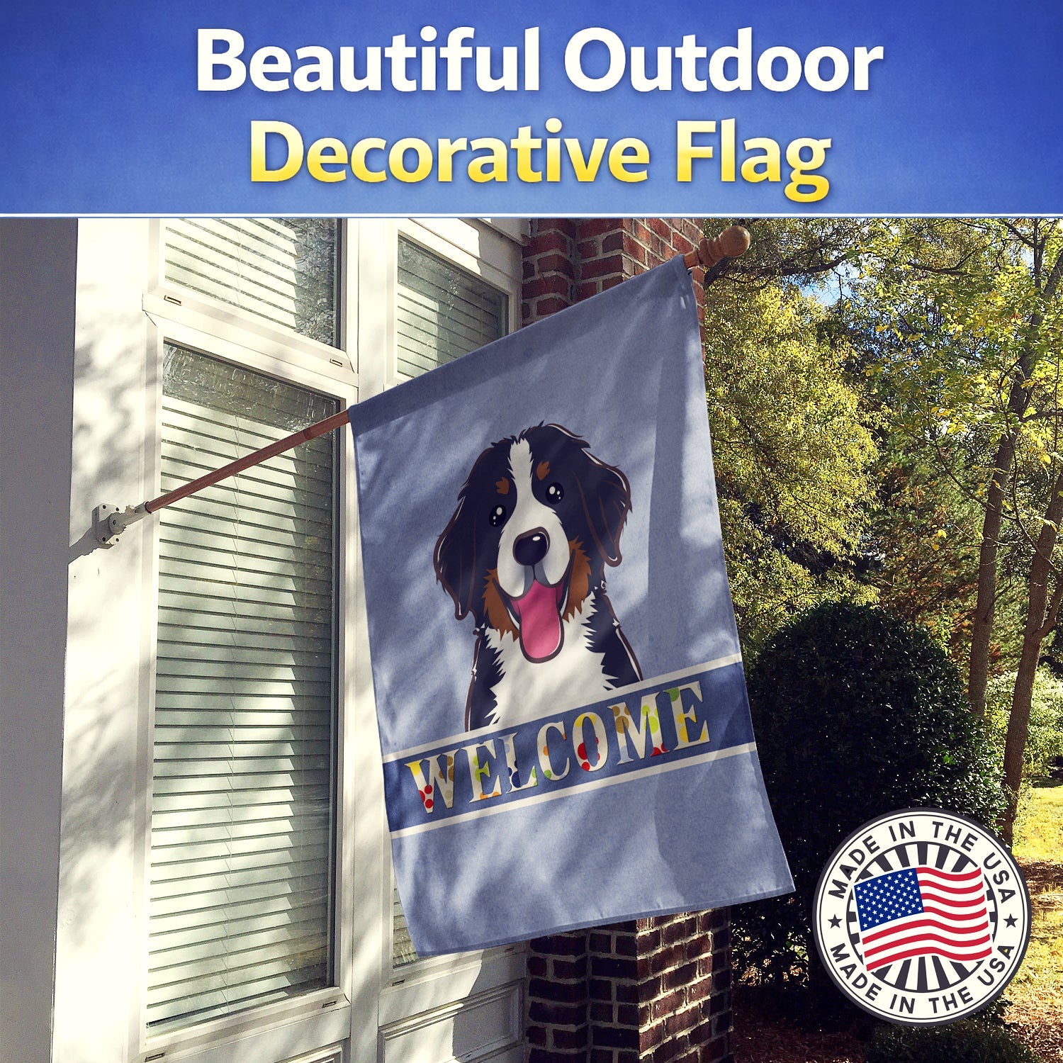 Bernese Mountain Dog Welcome House Flag 28x40 Porch Sleeve Pole Decorative Outside Yard Banner Artwork Wall Hanging, Polyester