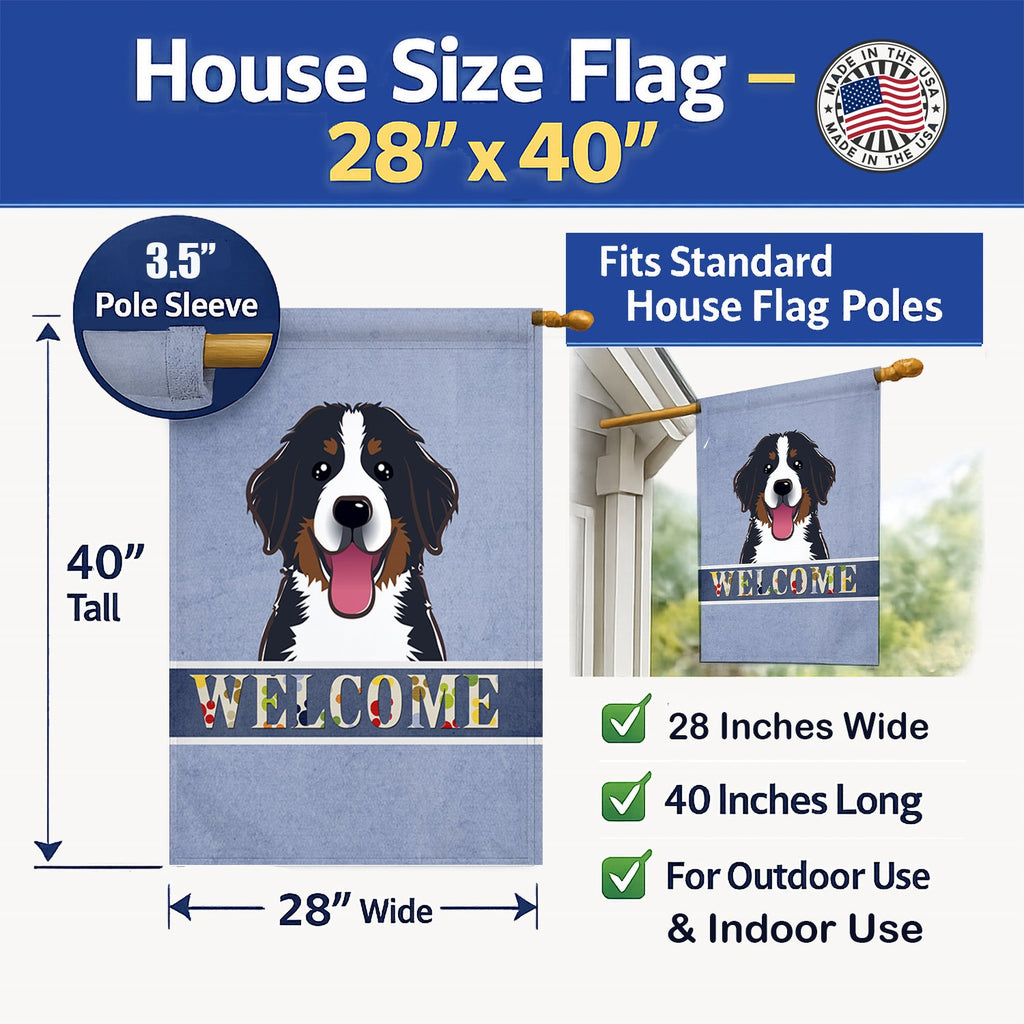 Bernese Mountain Dog Welcome House Flag 28x40 Porch Sleeve Pole Decorative Outside Yard Banner Artwork Wall Hanging, Polyester