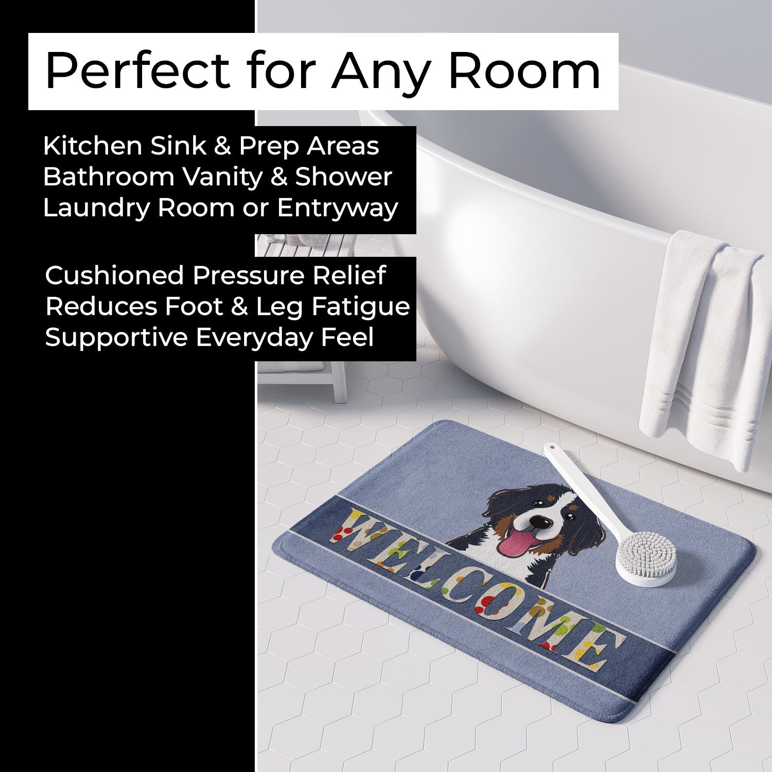 Bernese Mountain Dog Welcome Memory Foam Kitchen Mat Machine Washable Anti-Fatigue Cushion Comfort Bath or Kitchen Rug