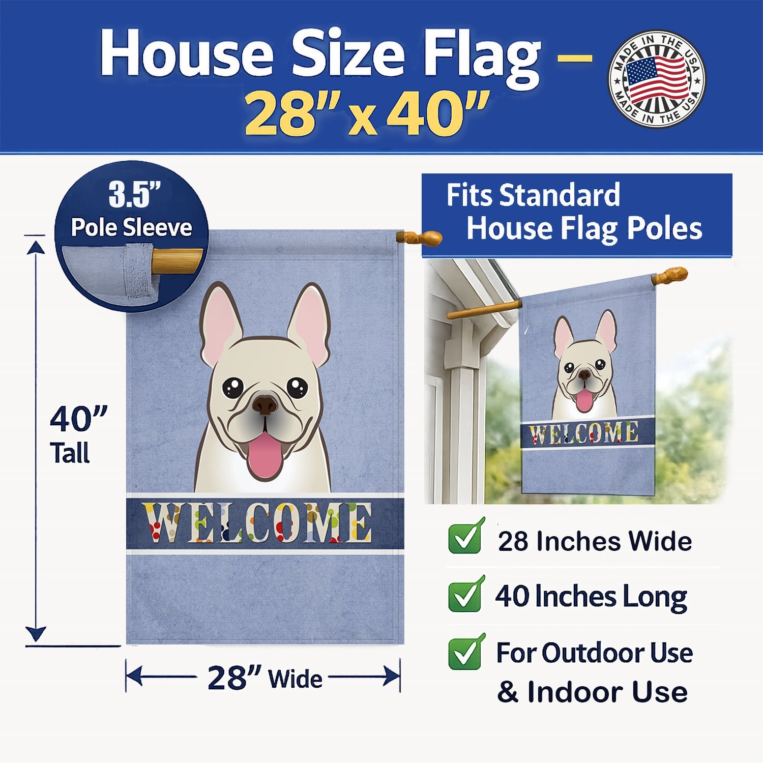 French Bulldog Welcome House Flag 28x40 Porch Sleeve Pole Decorative Outside Yard Banner Artwork Wall Hanging, Polyester