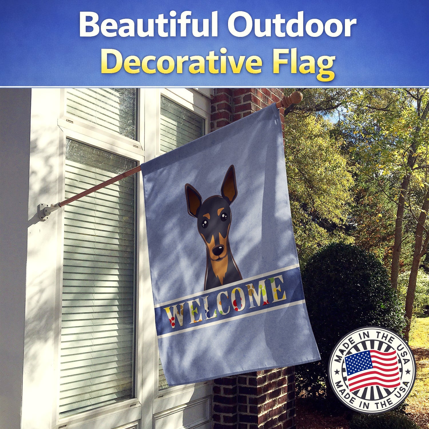 Min Pin Welcome House Flag 28x40 Porch Sleeve Pole Decorative Outside Yard Banner Artwork Wall Hanging, Polyester