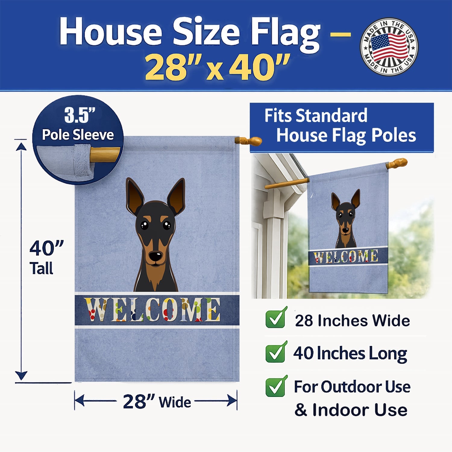 Min Pin Welcome House Flag 28x40 Porch Sleeve Pole Decorative Outside Yard Banner Artwork Wall Hanging, Polyester