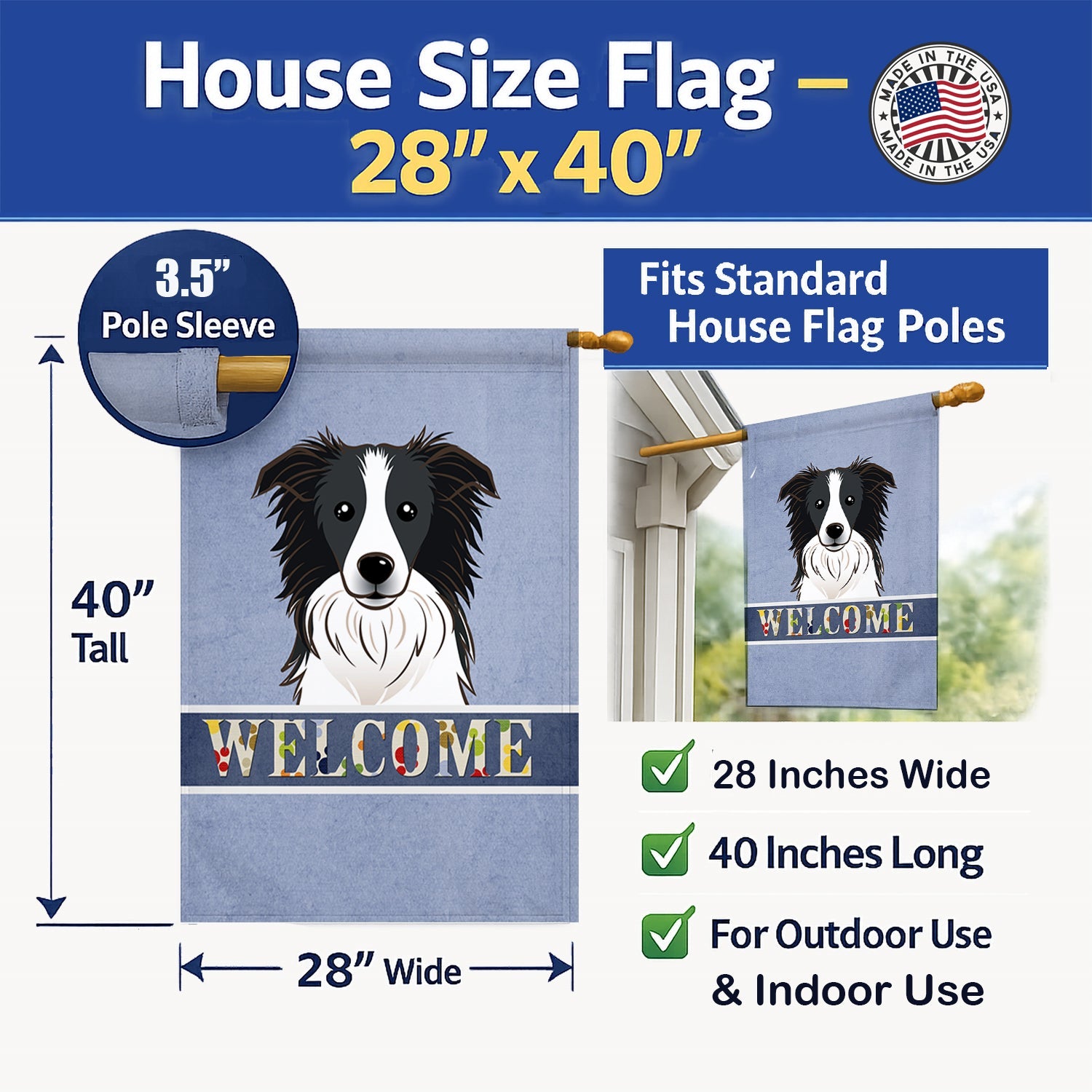 Border Collie Welcome House Flag 28x40 Porch Sleeve Pole Decorative Outside Yard Banner Artwork Wall Hanging, Polyester