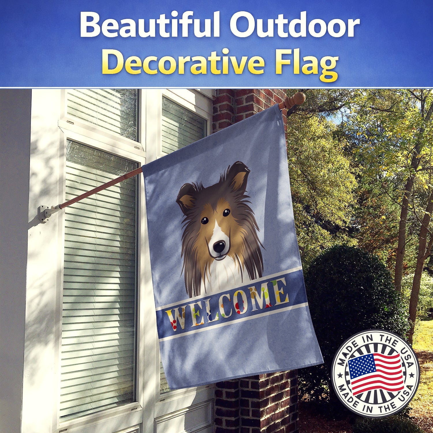 Sheltie Welcome House Flag 28x40 Porch Sleeve Pole Decorative Outside Yard Banner Artwork Wall Hanging, Polyester