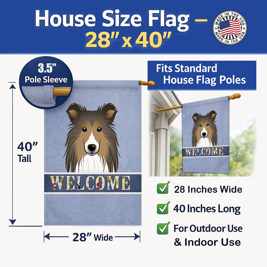 Sheltie Welcome House Flag 28x40 Porch Sleeve Pole Decorative Outside Yard Banner Artwork Wall Hanging, Polyester