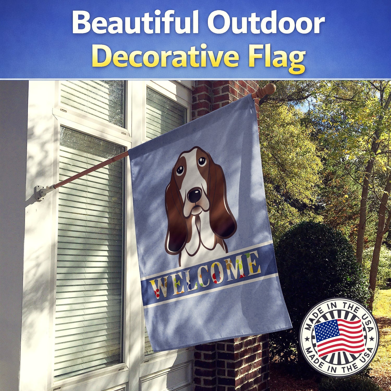 Basset Hound Welcome House Flag 28x40 Porch Sleeve Pole Decorative Outside Yard Banner Artwork Wall Hanging, Polyester