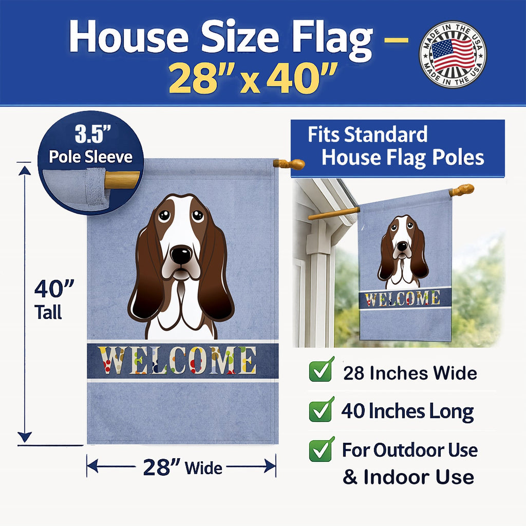 Basset Hound Welcome House Flag 28x40 Porch Sleeve Pole Decorative Outside Yard Banner Artwork Wall Hanging, Polyester