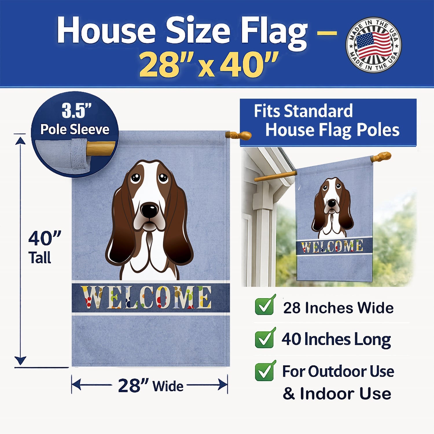 Basset Hound Welcome House Flag 28x40 Porch Sleeve Pole Decorative Outside Yard Banner Artwork Wall Hanging, Polyester