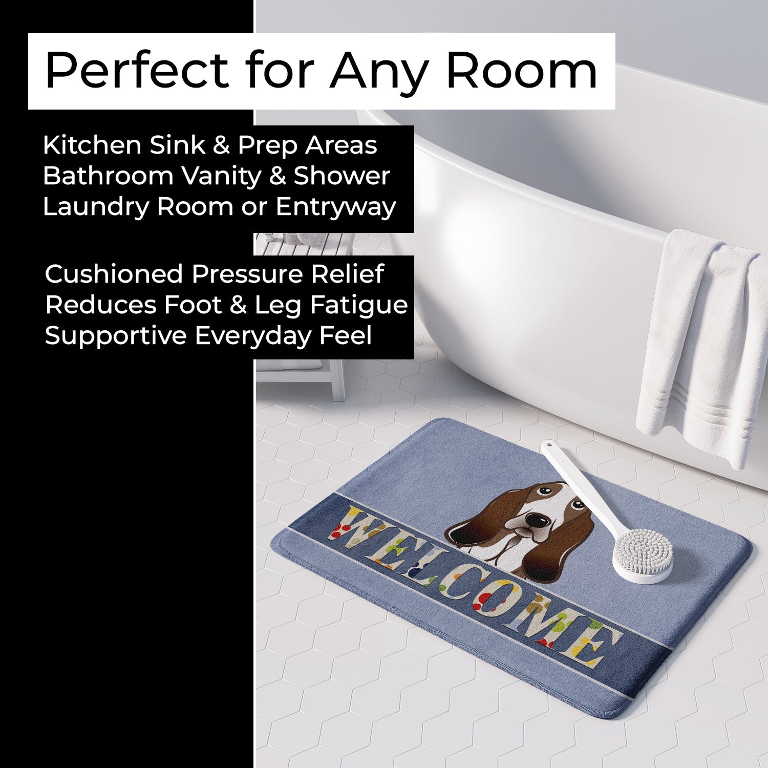 Basset Hound Welcome Memory Foam Kitchen Mat Machine Washable Anti-Fatigue Cushion Comfort Bath or Kitchen Rug