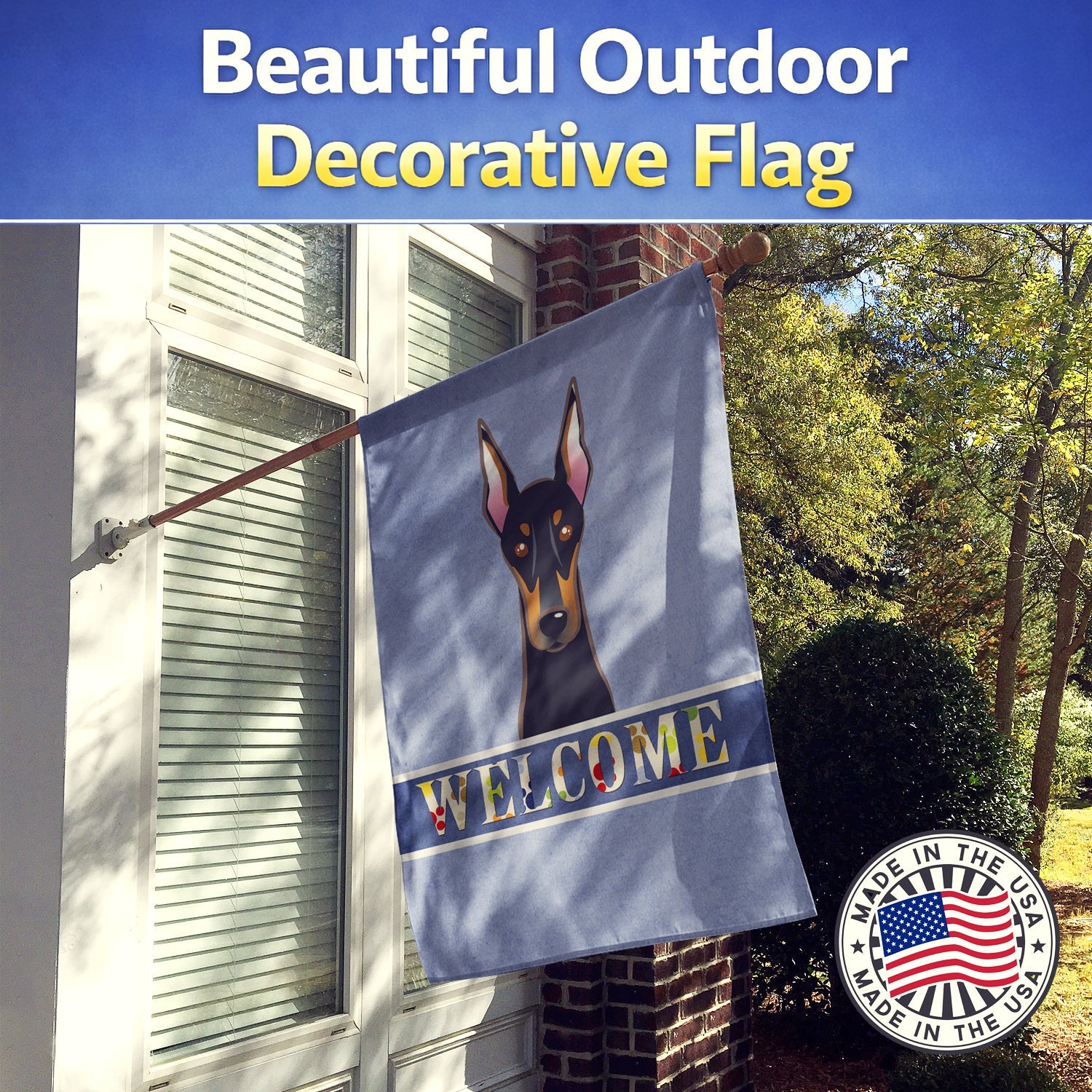 Doberman Welcome House Flag 28x40 Porch Sleeve Pole Decorative Outside Yard Banner Artwork Wall Hanging, Polyester