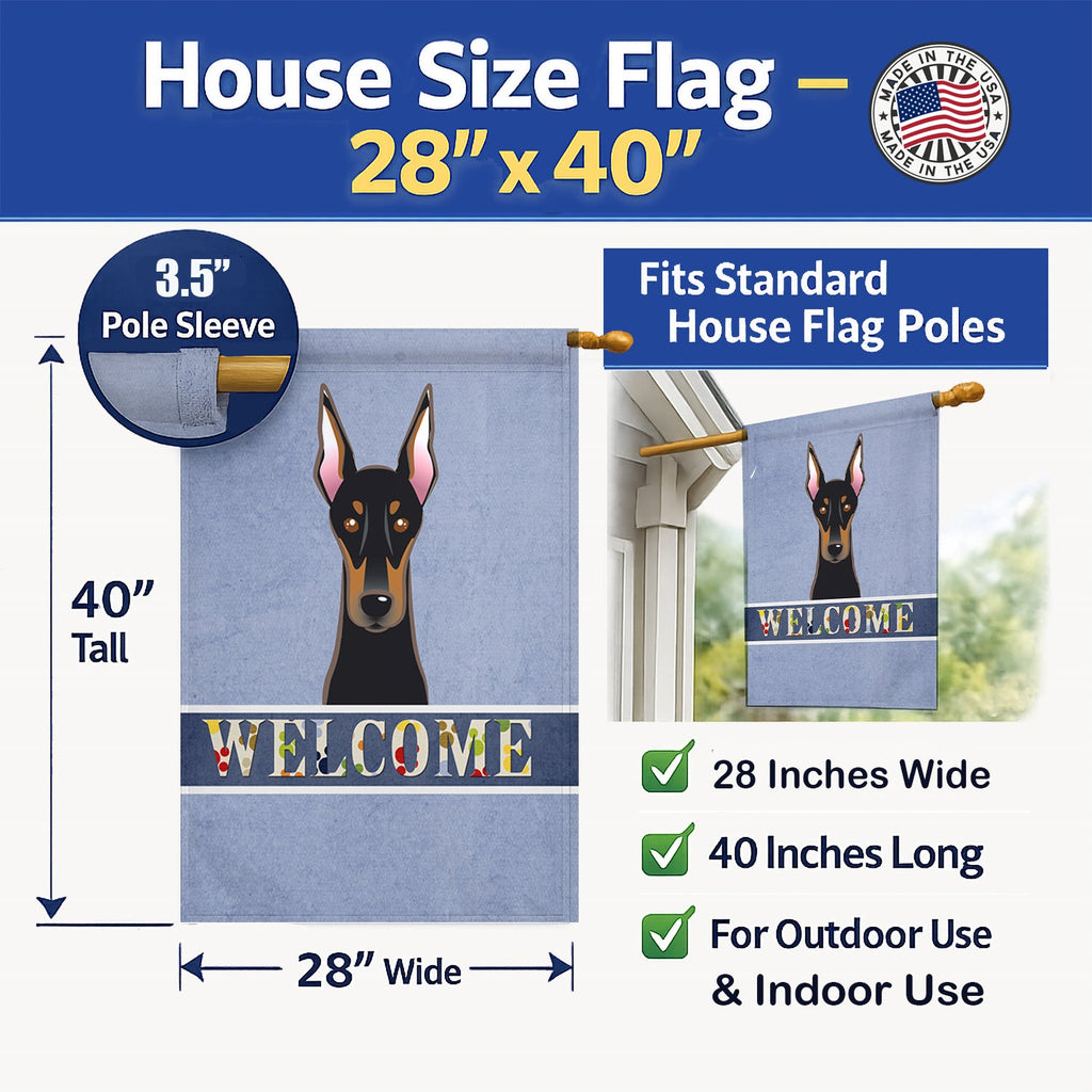 Doberman Welcome House Flag 28x40 Porch Sleeve Pole Decorative Outside Yard Banner Artwork Wall Hanging, Polyester