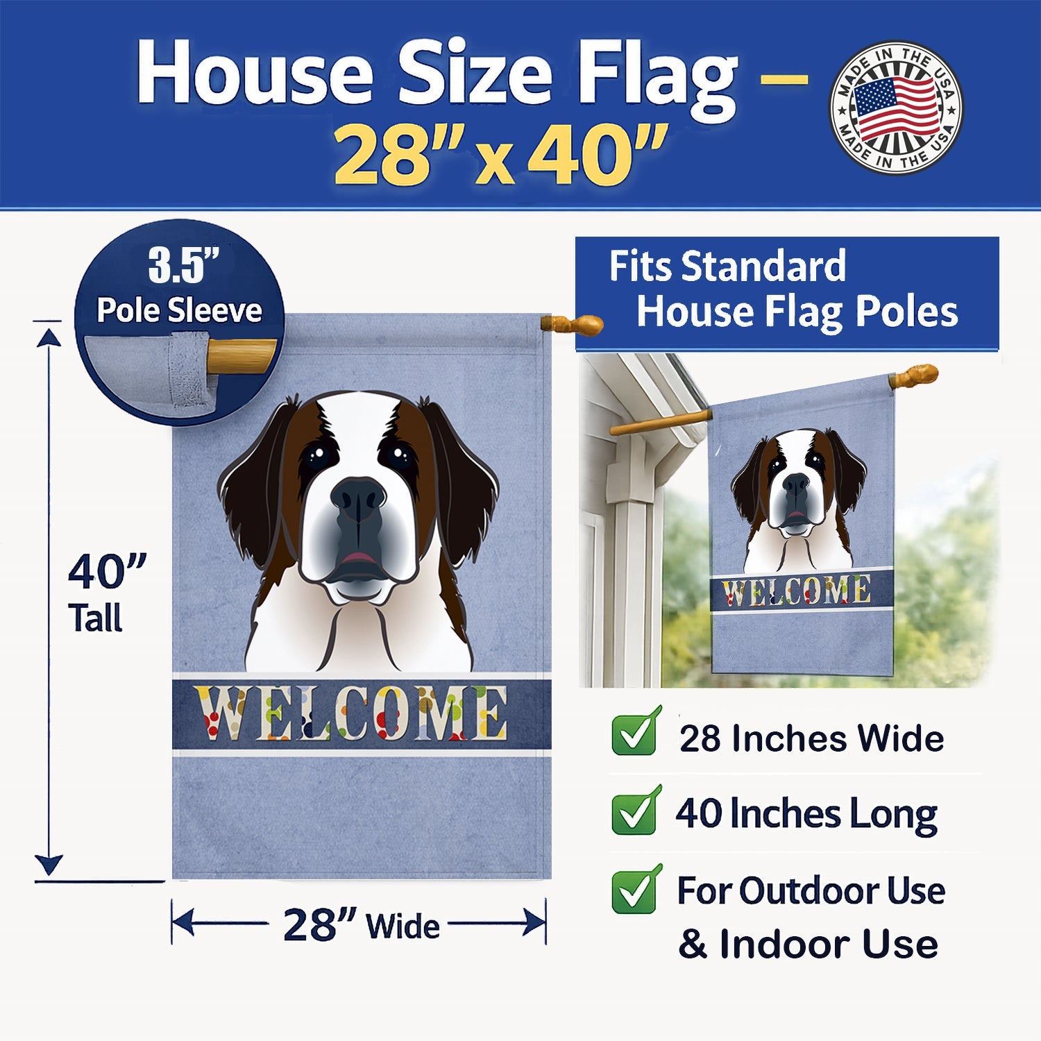 Saint Bernard Welcome House Flag 28x40 Porch Sleeve Pole Decorative Outside Yard Banner Artwork Wall Hanging, Polyester
