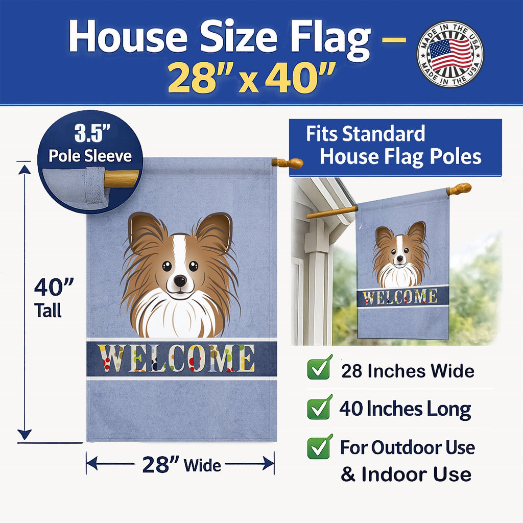Papillon Welcome House Flag 28x40 Porch Sleeve Pole Decorative Outside Yard Banner Artwork Wall Hanging, Polyester