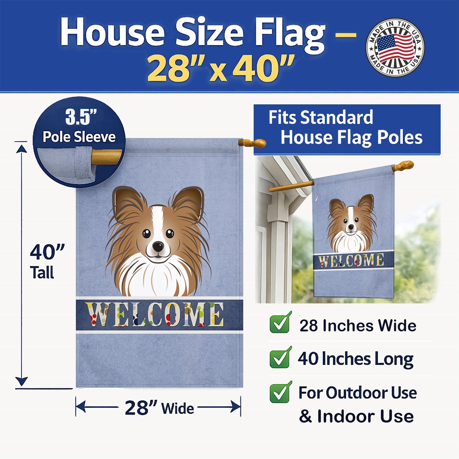 Papillon Welcome House Flag 28x40 Porch Sleeve Pole Decorative Outside Yard Banner Artwork Wall Hanging, Polyester