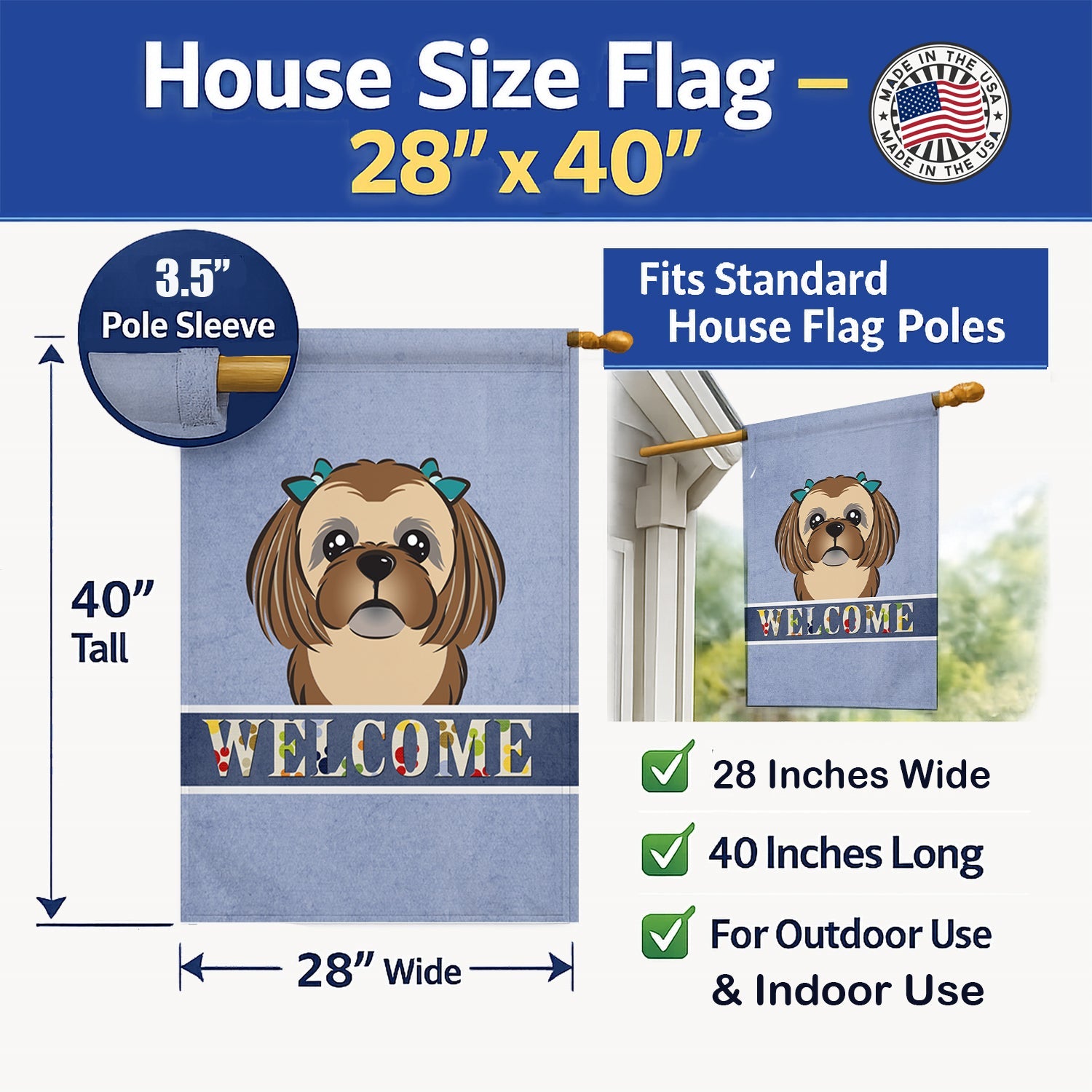 Chocolate Brown Shih Tzu Welcome House Flag 28x40 Porch Sleeve Pole Decorative Outside Yard Banner Artwork Wall Hanging, Polyester