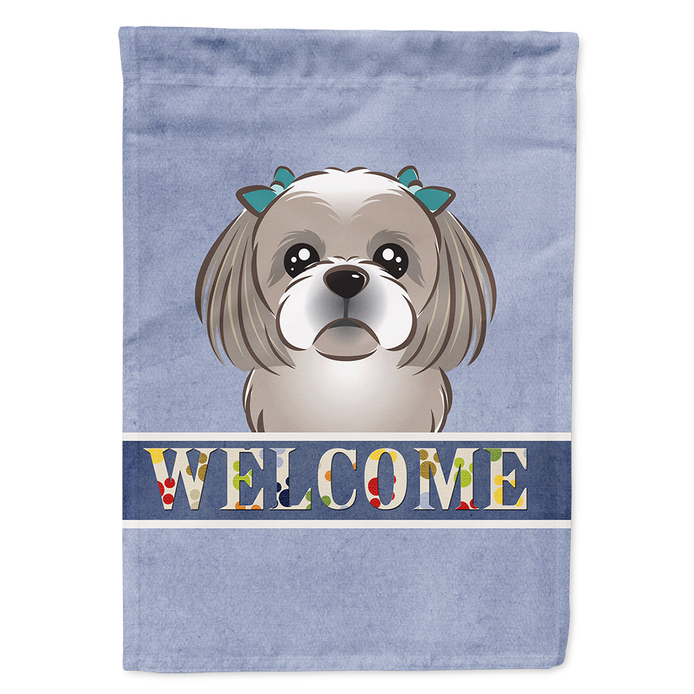 Gray Silver Shih Tzu Welcome House Flag 28x40 Porch Sleeve Pole Decorative Outside Yard Banner Artwork Wall Hanging, Polyester