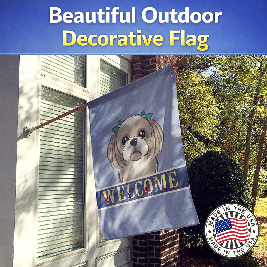 Gray Silver Shih Tzu Welcome House Flag 28x40 Porch Sleeve Pole Decorative Outside Yard Banner Artwork Wall Hanging, Polyester