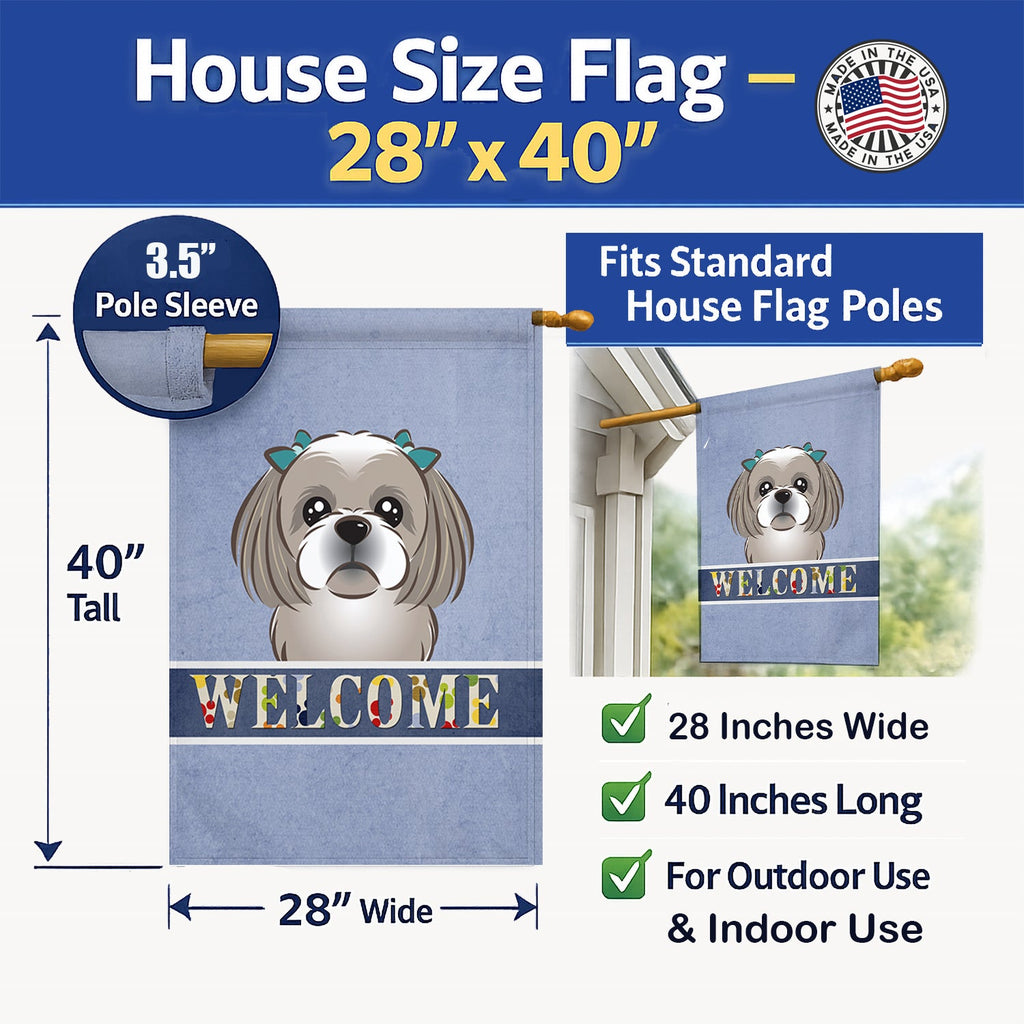 Gray Silver Shih Tzu Welcome House Flag 28x40 Porch Sleeve Pole Decorative Outside Yard Banner Artwork Wall Hanging, Polyester