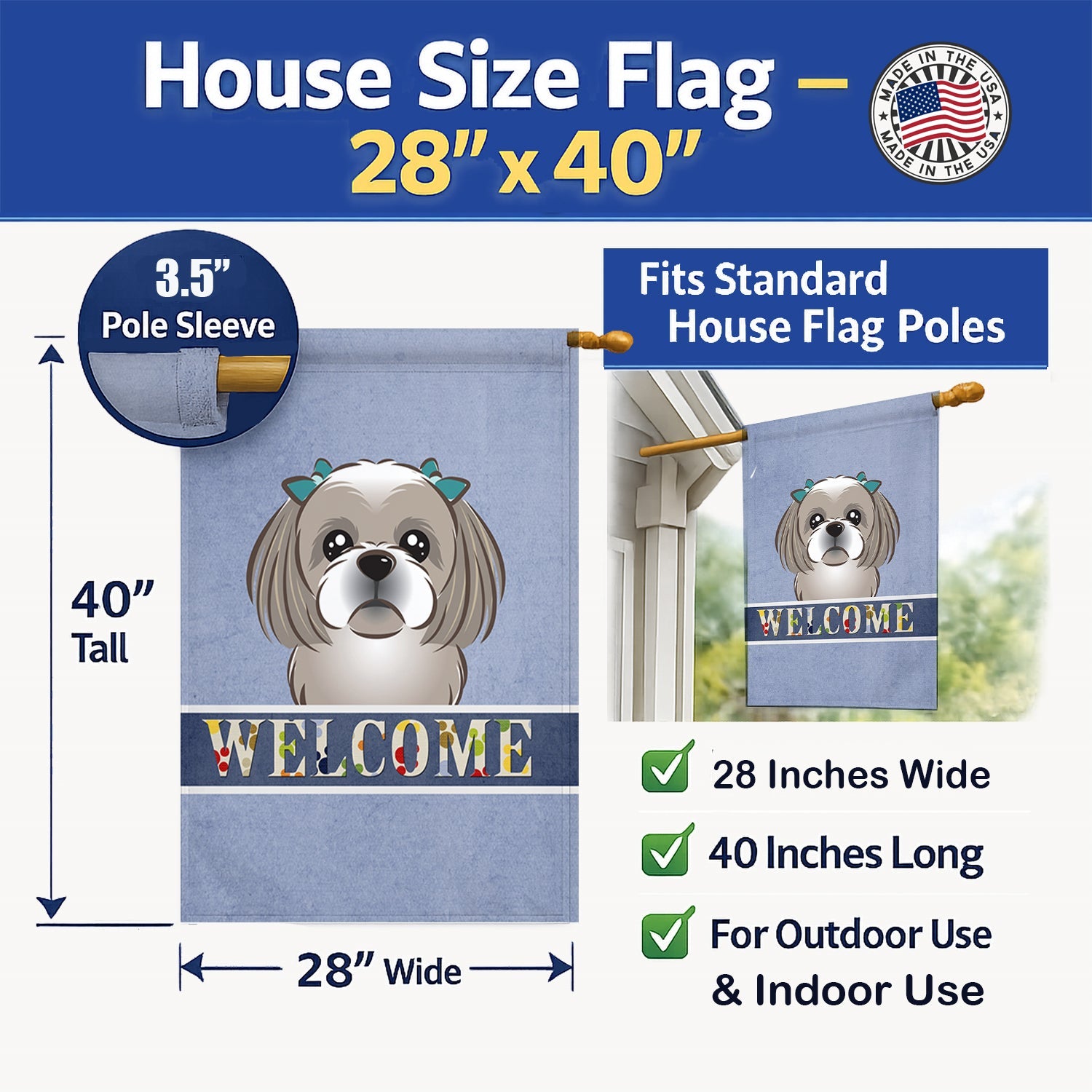 Gray Silver Shih Tzu Welcome House Flag 28x40 Porch Sleeve Pole Decorative Outside Yard Banner Artwork Wall Hanging, Polyester
