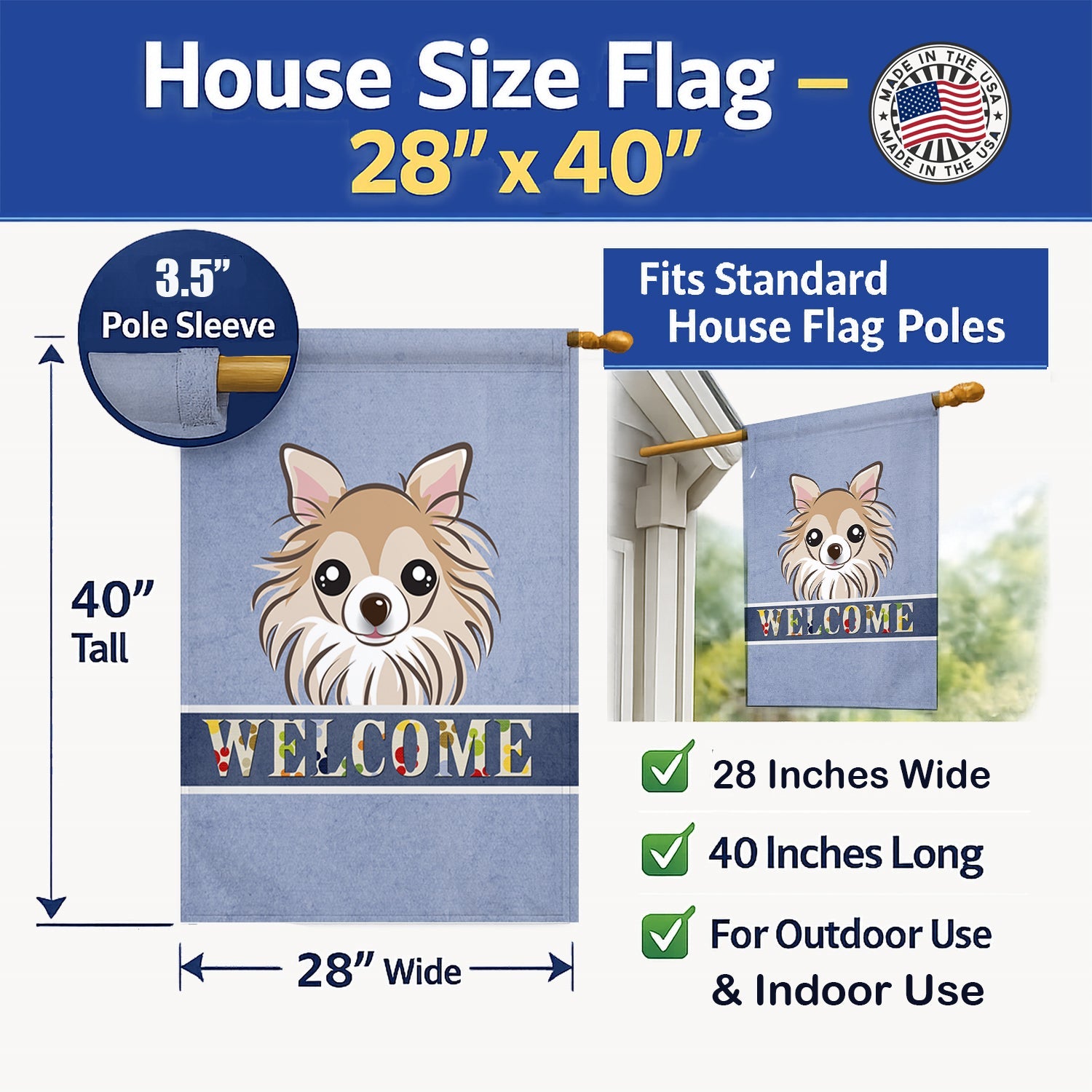 Chihuahua Welcome House Flag 28x40 Porch Sleeve Pole Decorative Outside Yard Banner Artwork Wall Hanging, Polyester