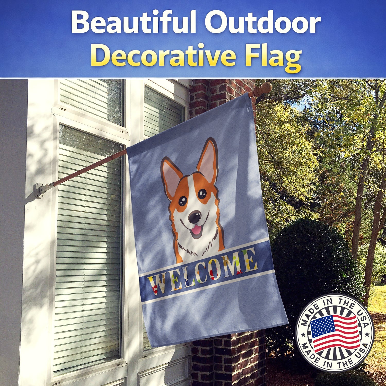 Red Corgi Welcome House Flag 28x40 Porch Sleeve Pole Decorative Outside Yard Banner Artwork Wall Hanging, Polyester