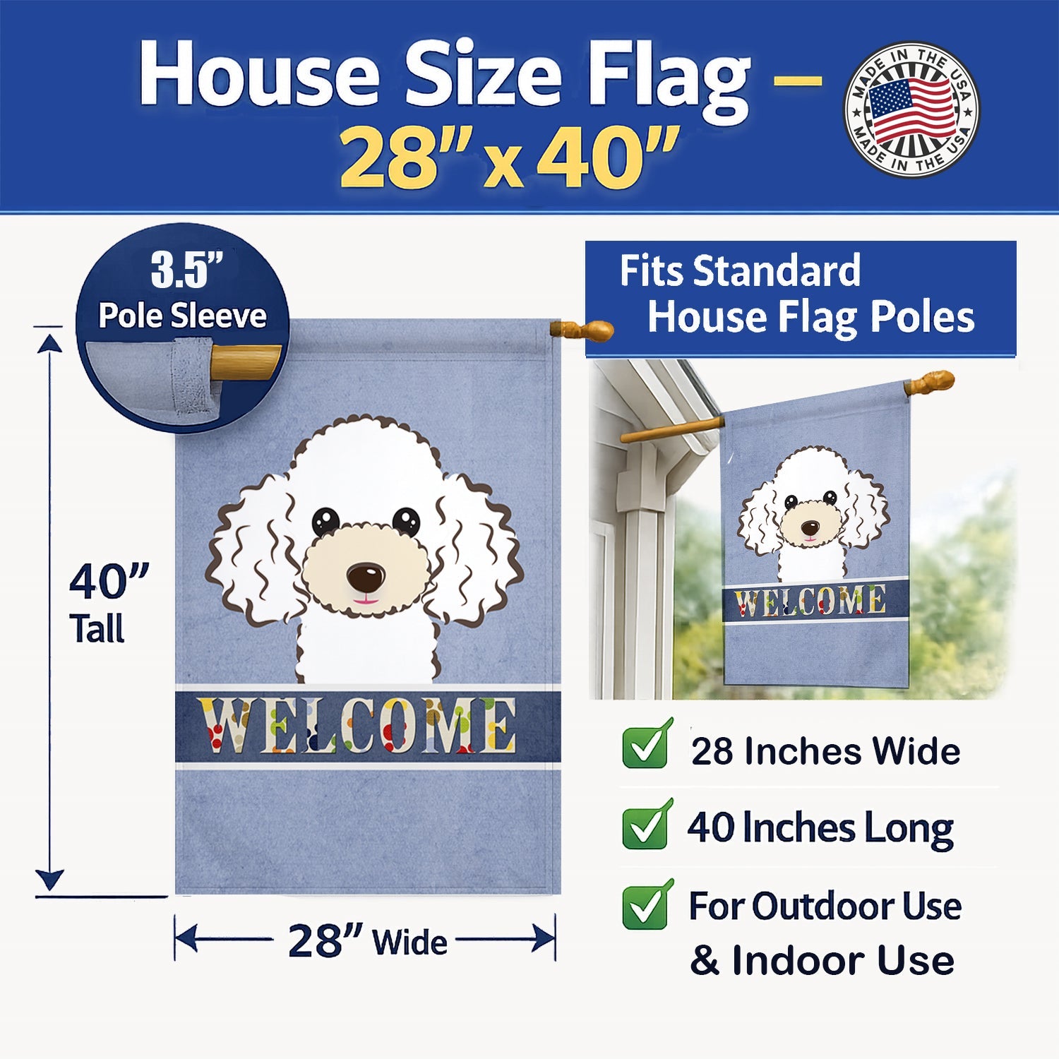 White Poodle Welcome House Flag 28x40 Porch Sleeve Pole Decorative Outside Yard Banner Artwork Wall Hanging, Polyester