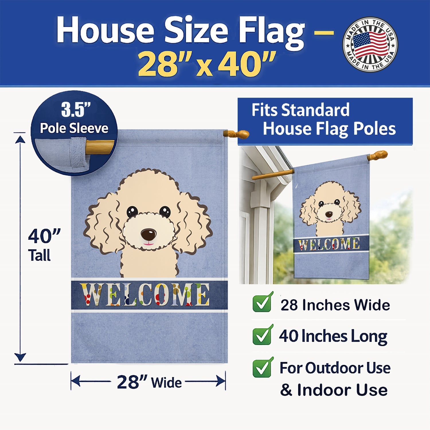Buff Poodle Welcome House Flag 28x40 Porch Sleeve Pole Decorative Outside Yard Banner Artwork Wall Hanging, Polyester