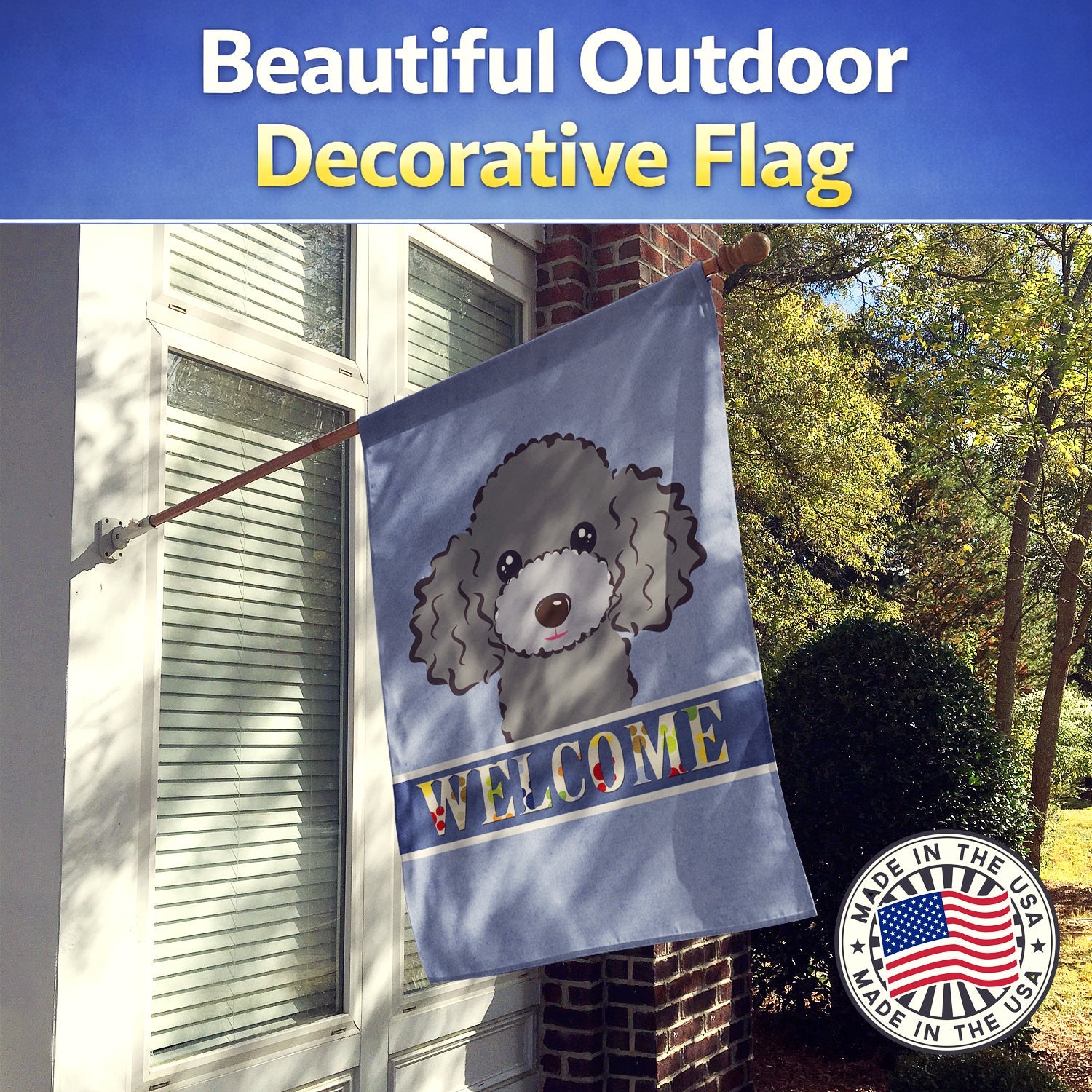 Silver Gray Poodle Welcome House Flag 28x40 Porch Sleeve Pole Decorative Outside Yard Banner Artwork Wall Hanging, Polyester