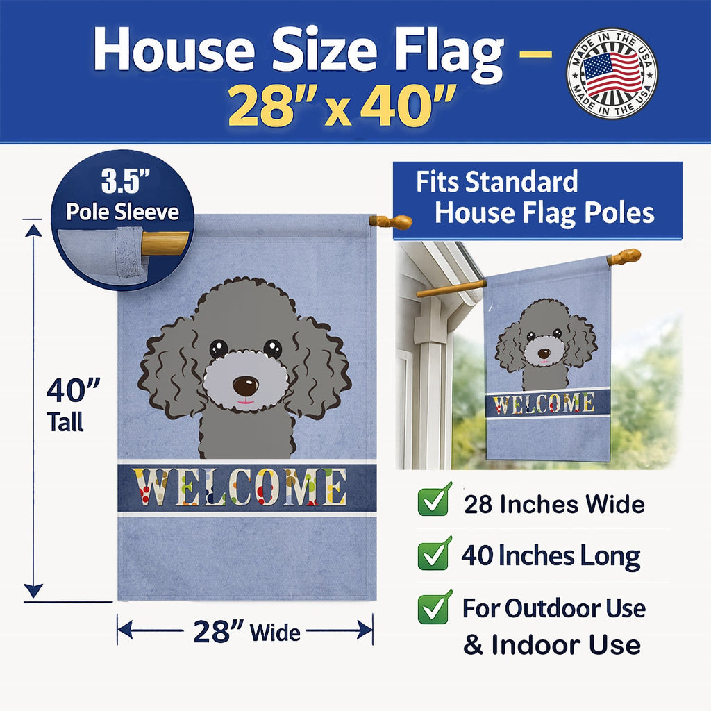 Silver Gray Poodle Welcome House Flag 28x40 Porch Sleeve Pole Decorative Outside Yard Banner Artwork Wall Hanging, Polyester