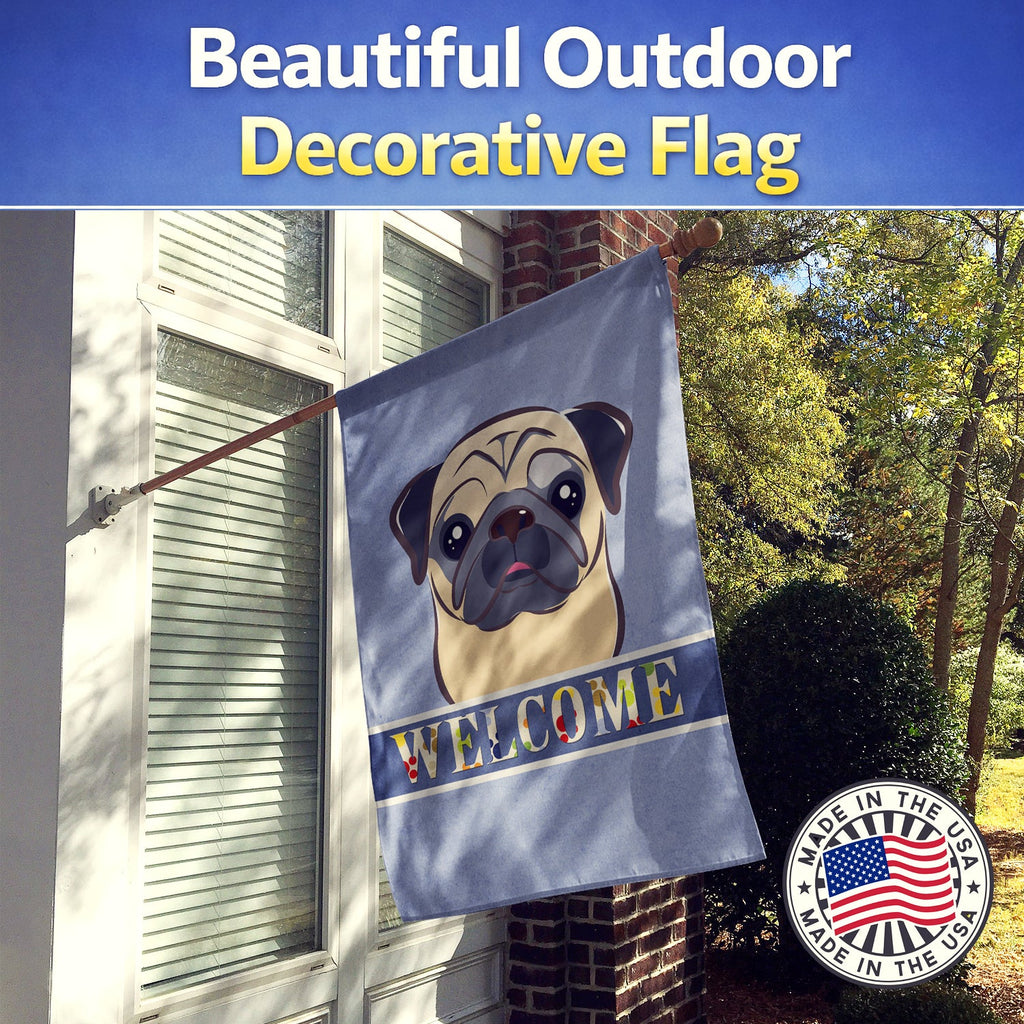 Fawn Pug Welcome House Flag 28x40 Porch Sleeve Pole Decorative Outside Yard Banner Artwork Wall Hanging, Polyester