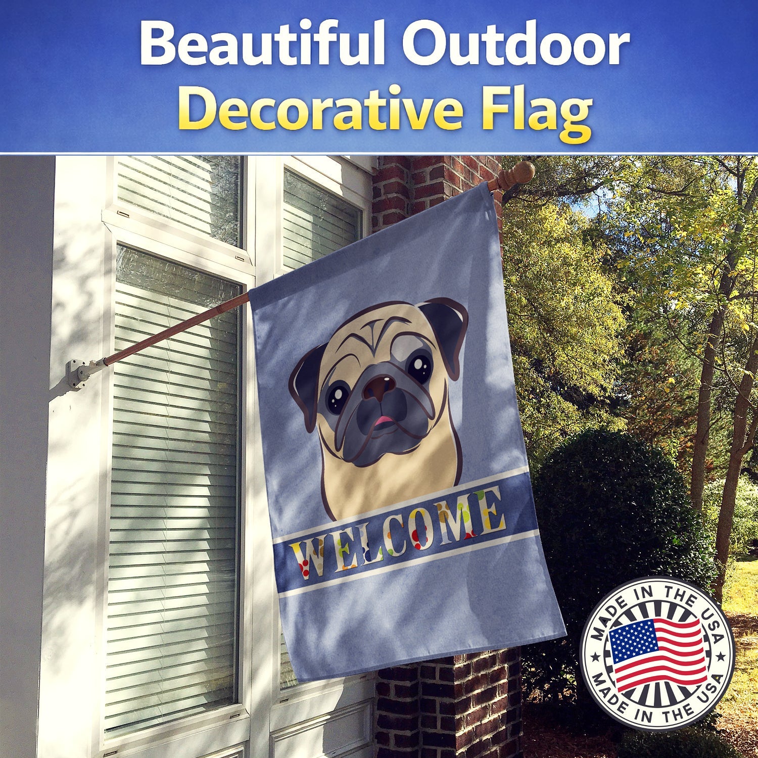 Fawn Pug Welcome House Flag 28x40 Porch Sleeve Pole Decorative Outside Yard Banner Artwork Wall Hanging, Polyester
