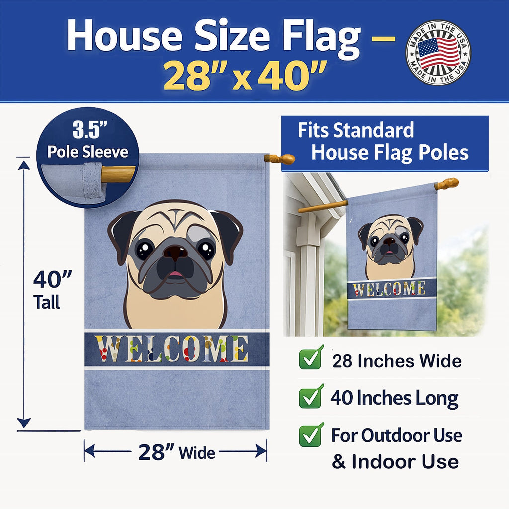 Fawn Pug Welcome House Flag 28x40 Porch Sleeve Pole Decorative Outside Yard Banner Artwork Wall Hanging, Polyester