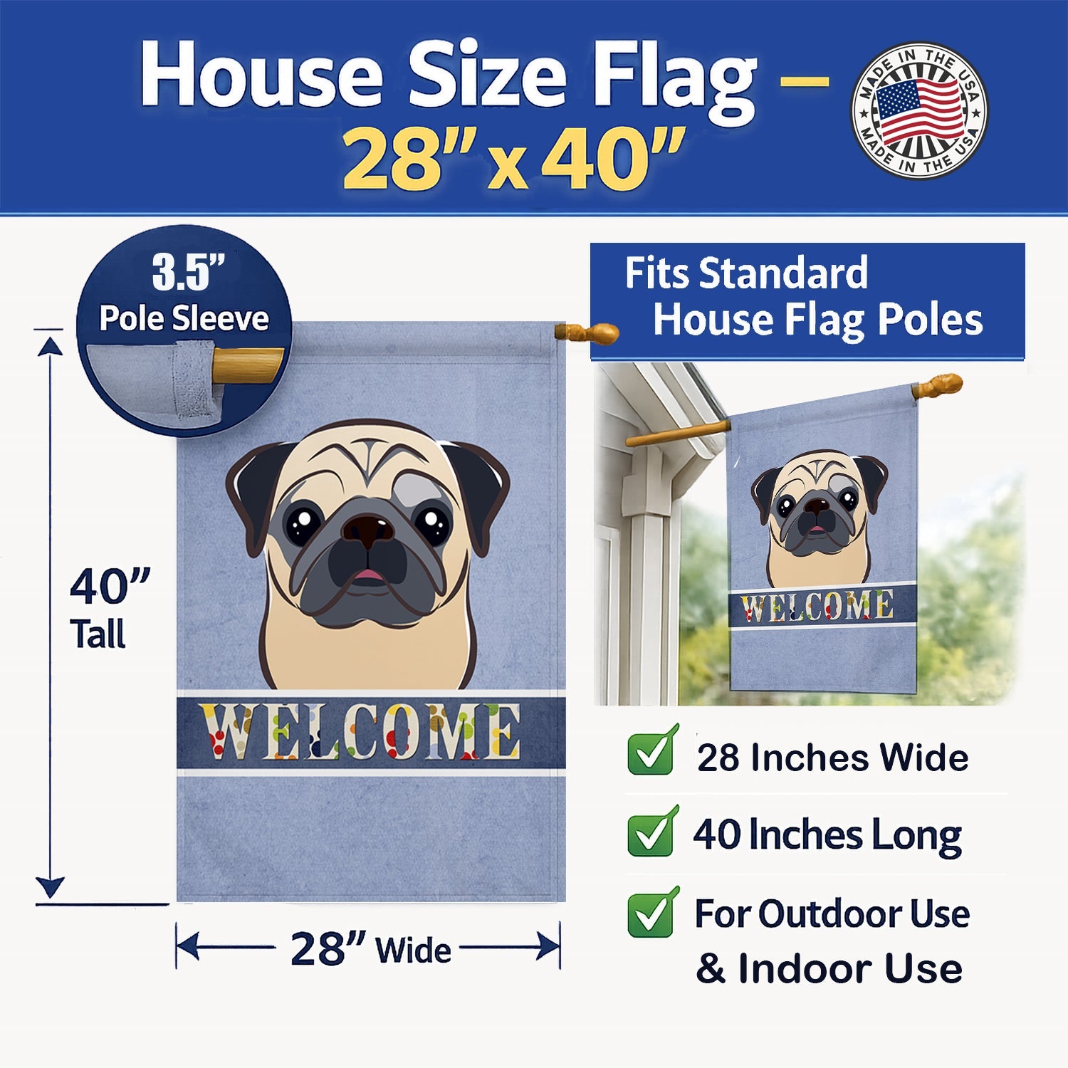 Fawn Pug Welcome House Flag 28x40 Porch Sleeve Pole Decorative Outside Yard Banner Artwork Wall Hanging, Polyester