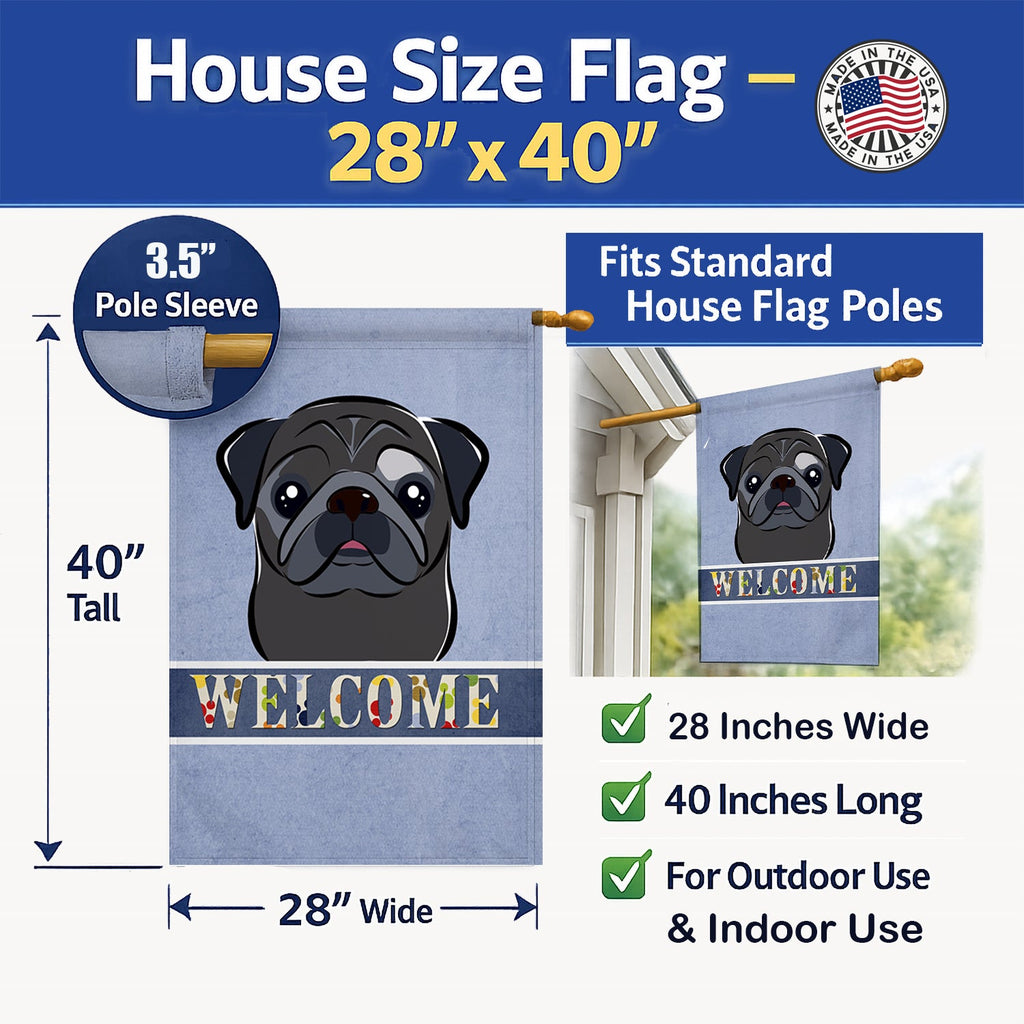 Black Pug Welcome House Flag 28x40 Porch Sleeve Pole Decorative Outside Yard Banner Artwork Wall Hanging, Polyester