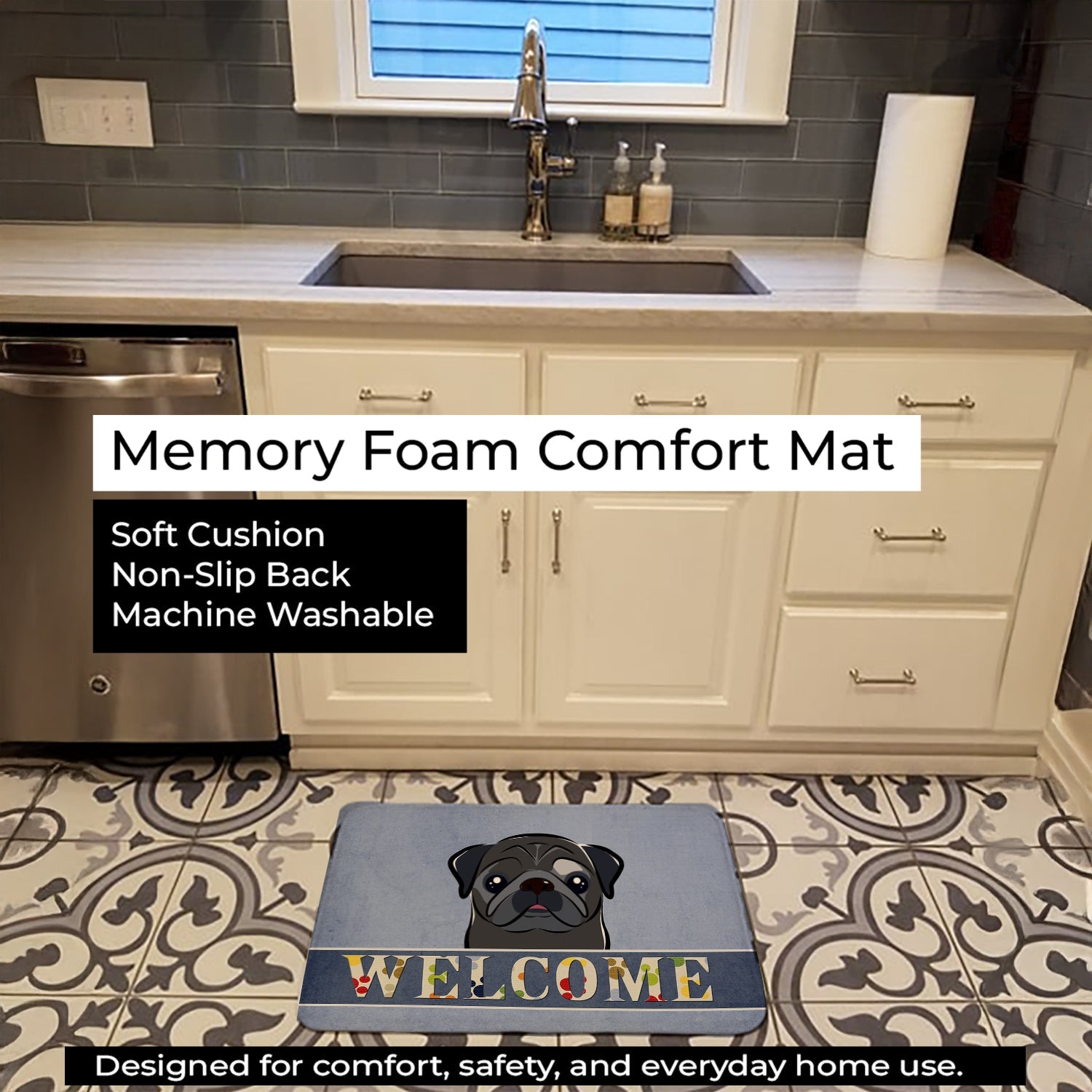 Black Pug Welcome Memory Foam Kitchen Mat Machine Washable Anti-Fatigue Cushion Comfort Bath or Kitchen Rug