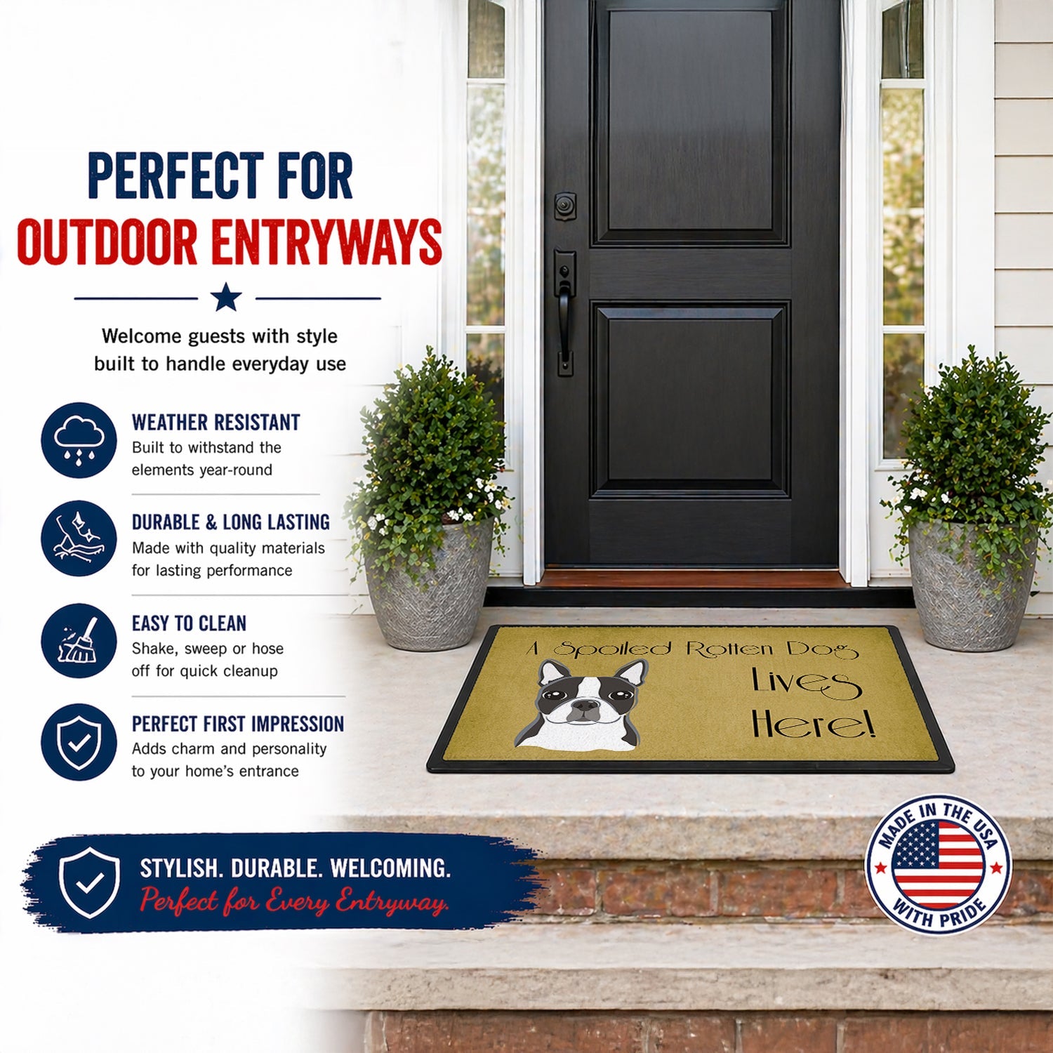 Boston Terrier Spoiled Dog Lives Here Doormat Indoor Outdoor 18H X 27W Front Door Mat Rugs for Entryway, Non Slip Washable