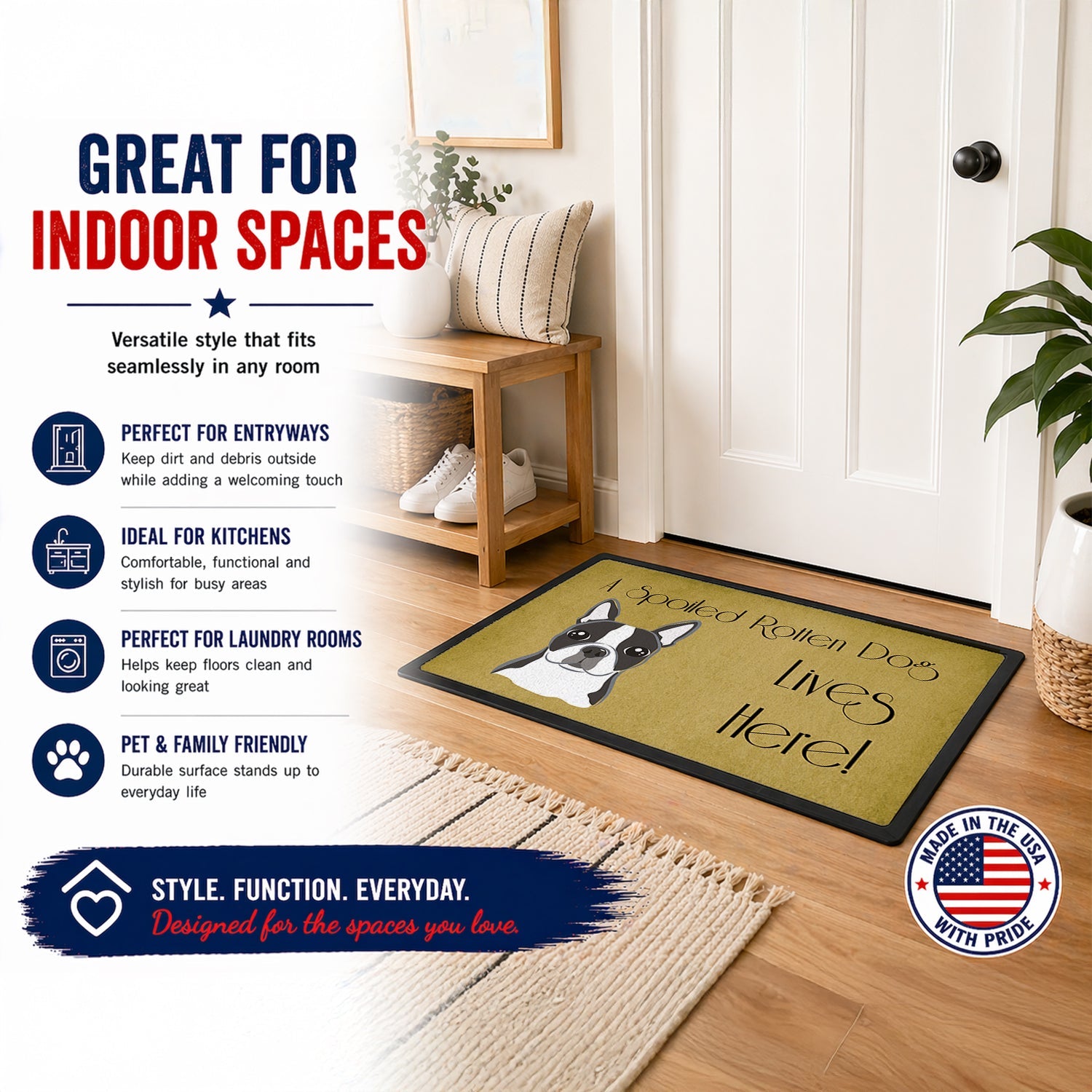 Boston Terrier Spoiled Dog Lives Here Doormat Indoor Outdoor 18H X 27W Front Door Mat Rugs for Entryway, Non Slip Washable