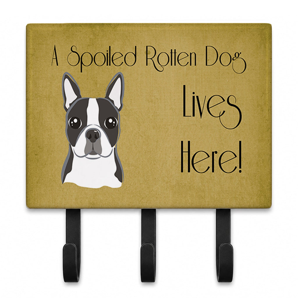 Boston Terrier Spoiled Dog Lives Here Leash or Key Holder Wall Hooks, Coat Rack Wall Mount, for Hanging Keys, Towels, Aprons, Leashes
