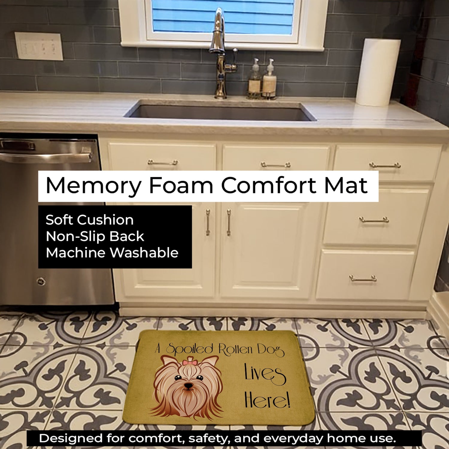 Yorkie Yorkishire Terrier Spoiled Dog Lives Here Memory Foam Kitchen Mat Machine Washable Anti-Fatigue Cushion Comfort Bath or Kitchen Rug