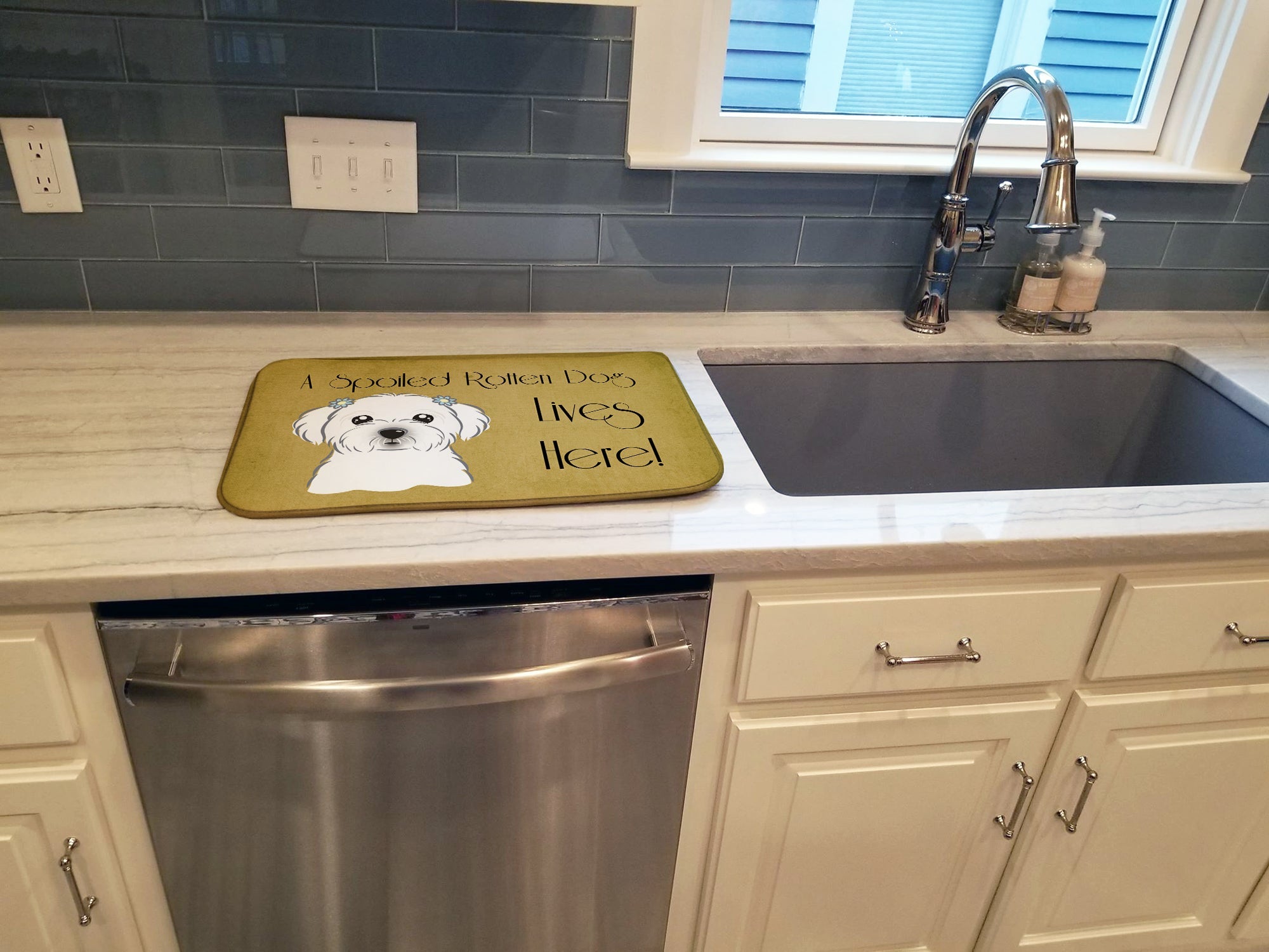 Maltese Spoiled Dog Lives Here Dish Drying Mat Absorbent Dish Drying Mat Pad for Kitchen Counter Dish Drainer Mat for Countertop, 14 x 21", Multicolor