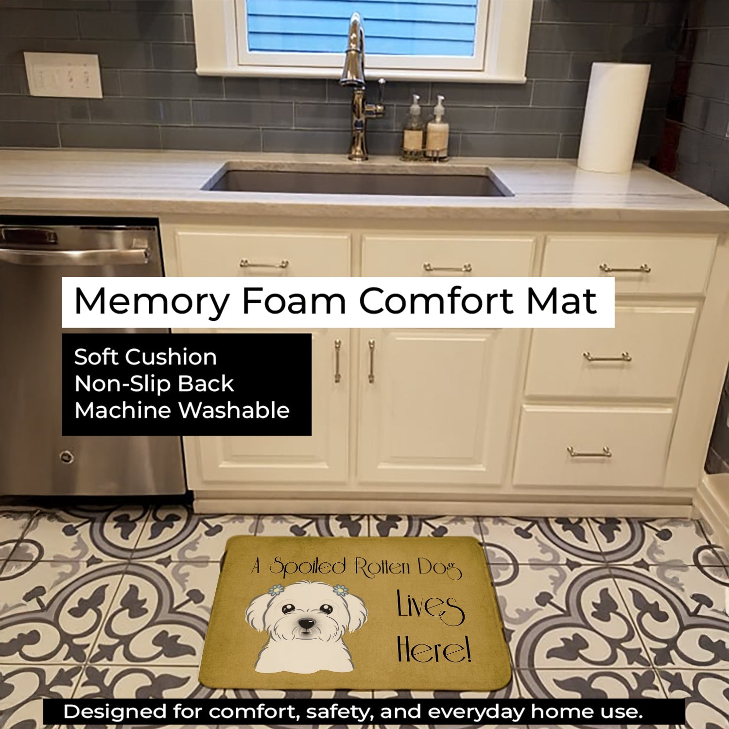 Maltese Spoiled Dog Lives Here Memory Foam Kitchen Mat Machine Washable Anti-Fatigue Cushion Comfort Bath or Kitchen Rug