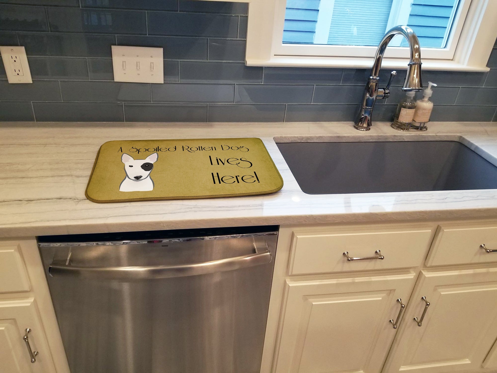 Bull Terrier Spoiled Dog Lives Here Dish Drying Mat Absorbent Dish Drying Mat Pad for Kitchen Counter Dish Drainer Mat for Countertop, 14 x 21", Multicolor